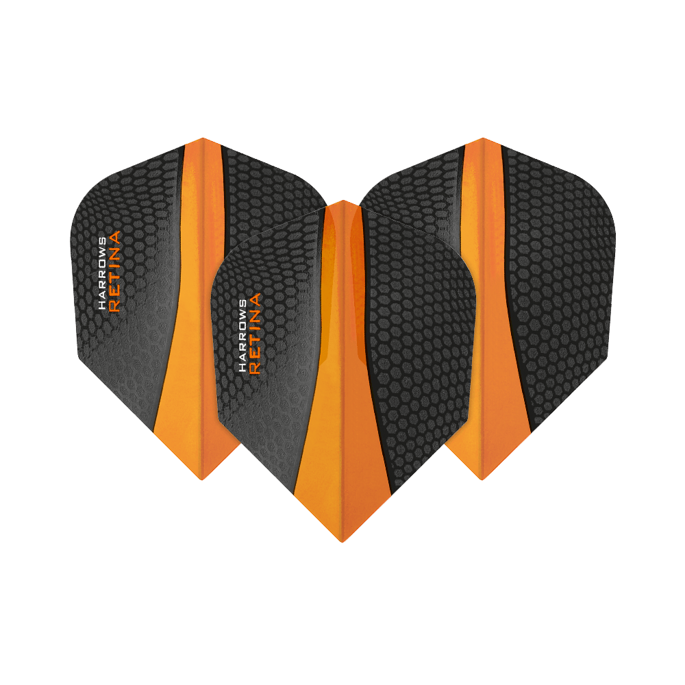 HR66_Harrows_Retina_Orange_No2_Standard_Flights_1BRntA8QXQ33xV Das Bild zeigt drei Harrows Retina Orange No6 Flights für Dartpfeile. Sie sind in Schwarz und Orange gestaltet, mit einer wabenartigen Textur auf der Oberfläche.