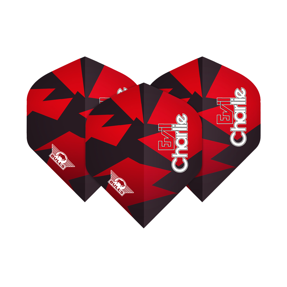 BU50862_Bulls_Powerflite_Sedlacek_Black_Red_No2_Standard_Flights_1N493hMnw8eY1m Das Bild zeigt drei Dartflights in den Farben Schwarz und Rot mit einem auffälligen Zackenmuster. Auf den Flights stehen die Schriftzüge "Bulls" und "Evil Charlie".