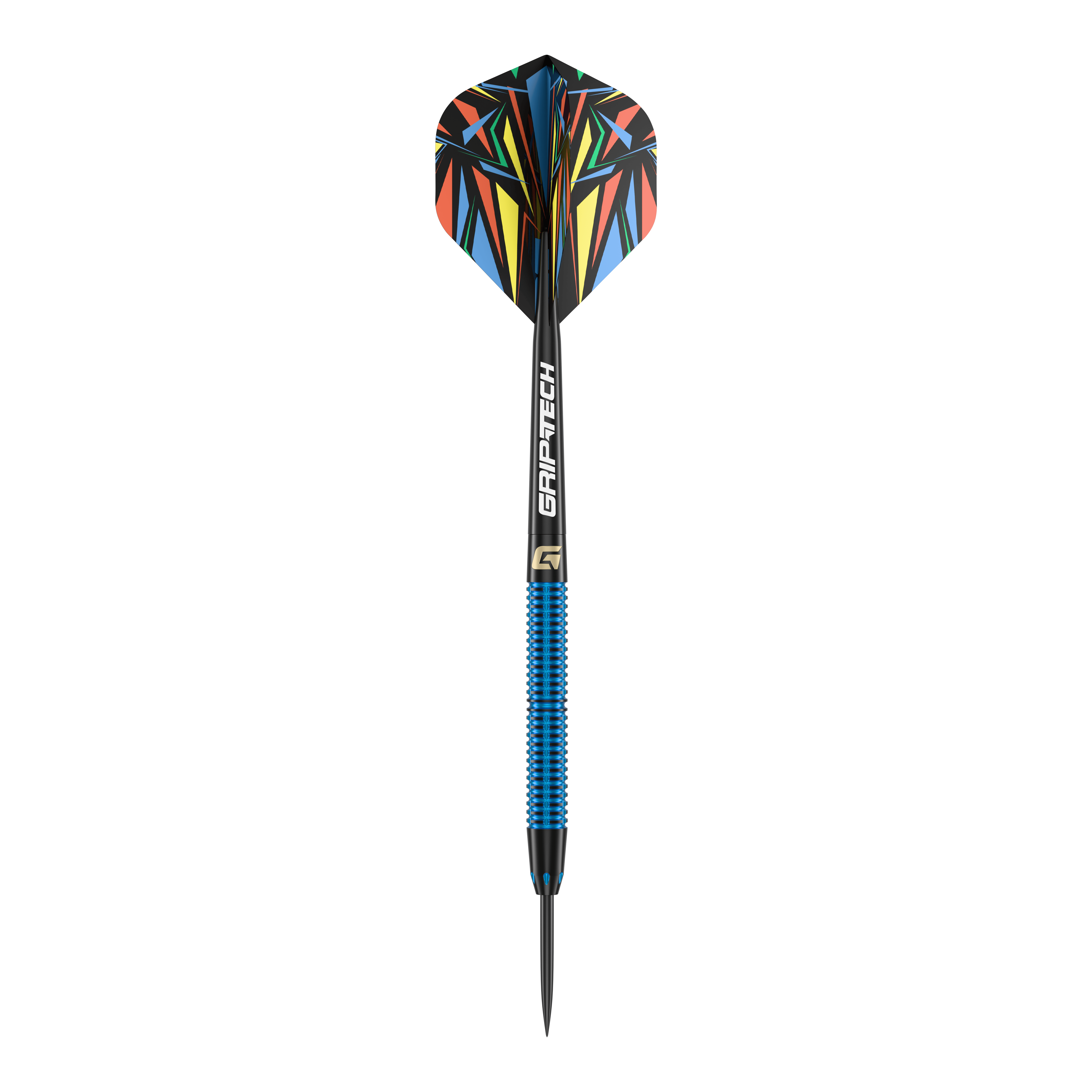 Steeldarts GOAT Athlete modré mosazné - 12g Das Bild zeigt einen Steeldart mit blauem Griff und der Aufschrift "GRIP-TECH". Die Flights haben ein buntes, geometrisches Muster.