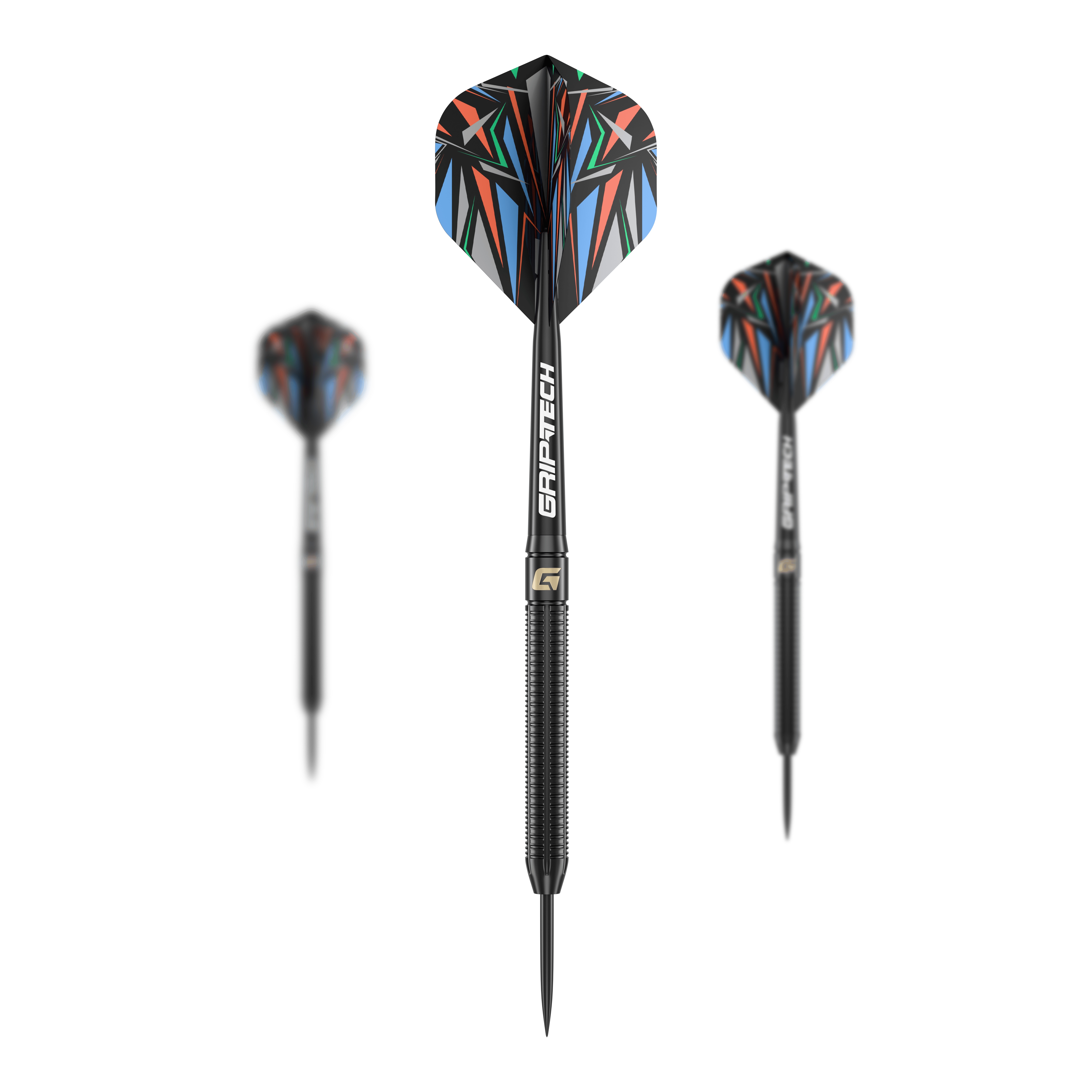 Ocelové šipky GOAT Athlete Black Brass - 13g Das Bild zeigt drei schwarze Steeldarts mit farbenfrohen Flights und der Aufschrift "GRIP-TECH". Es handelt sich um das Produkt "GOAT Athlete Black Brass Steeldarts - 13g".