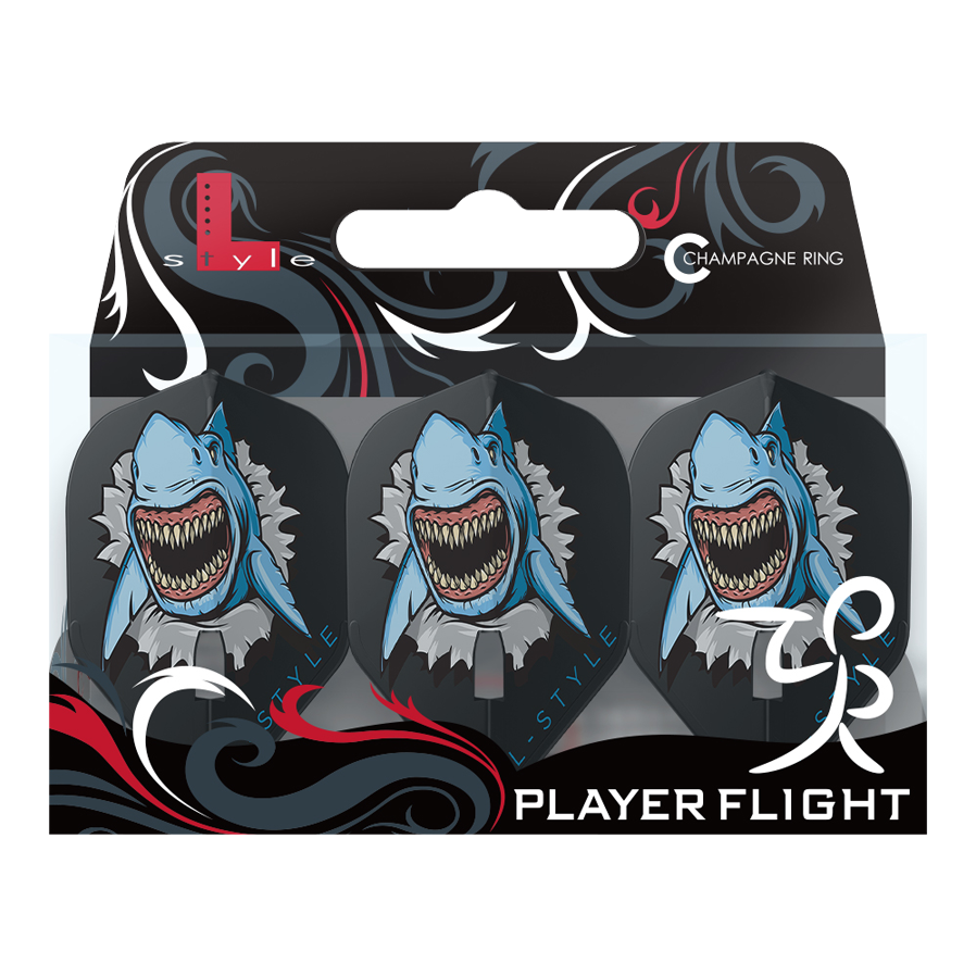 L-Style Florian Hempel Black Signature Champagne L1PRO Flights Das Bild zeigt eine Packung mit drei Dartflights der Marke "L-Style Florian Hempel Black Signature Champagne L1PRO Flights". Die Flights sind schwarz und zeigen das Bild eines furchterregenden, zähnefletschenden Hais.
