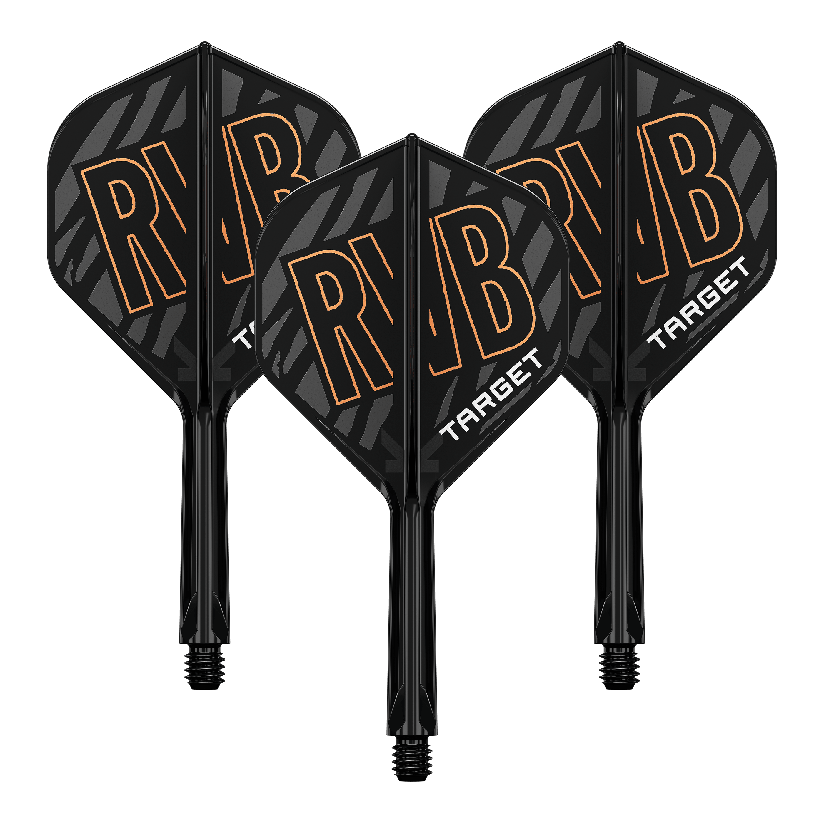 Targetový K-Flex Standardní letový hřídel Raymond Van Barneveld No2 Auf dem Bild sind drei schwarze Dart-Flights mit der Aufschrift "RVB" und "TARGET" zu sehen. Die Flights haben ein schwarzes, gestreiftes Design mit orangefarbenen Buchstaben.
