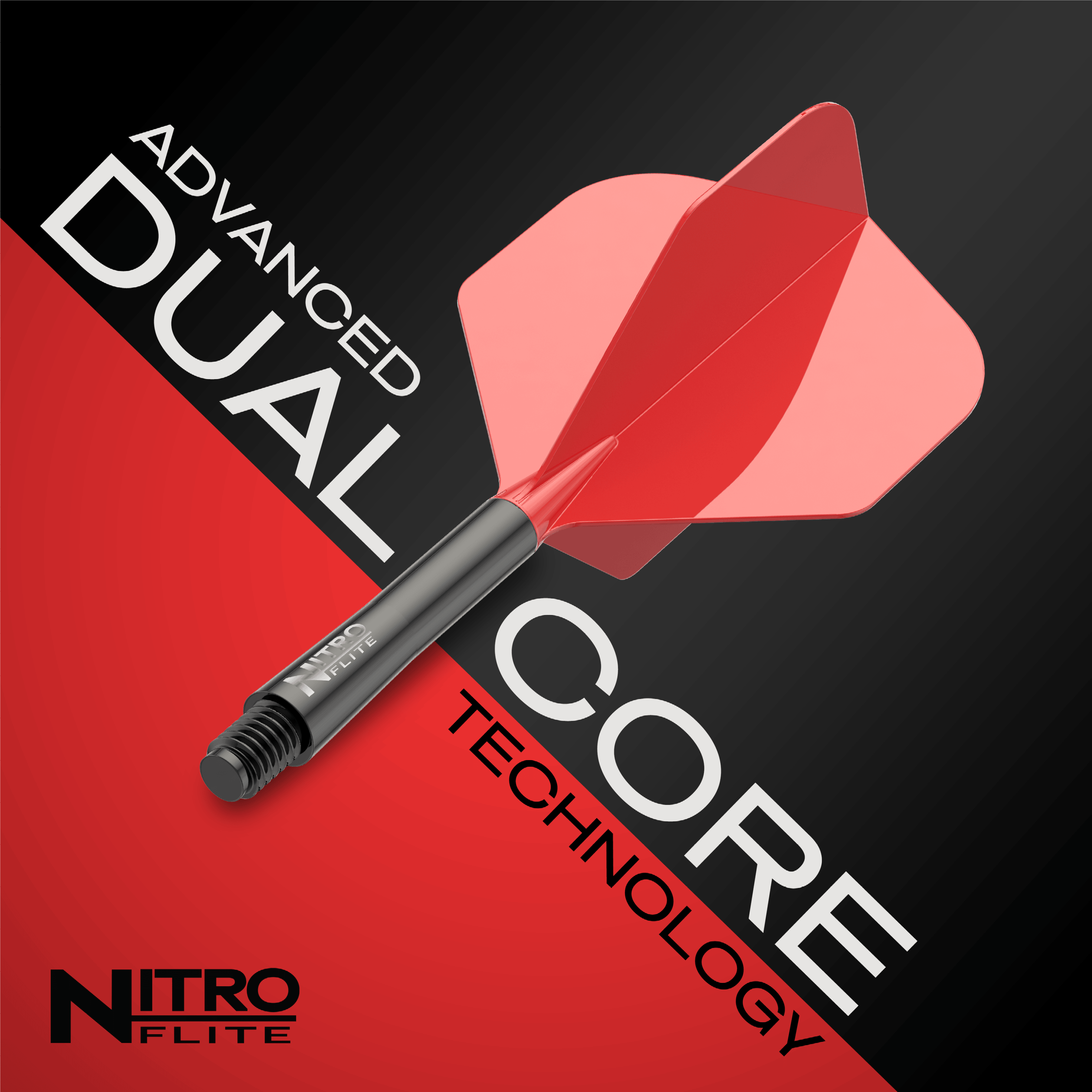 Abgebildet ist der Red Dragon Nitro Flite - Black Shaft Red No2 Flights. Dieses Dartzubehör kombiniert schwarze Schäfte mit roten Flights.