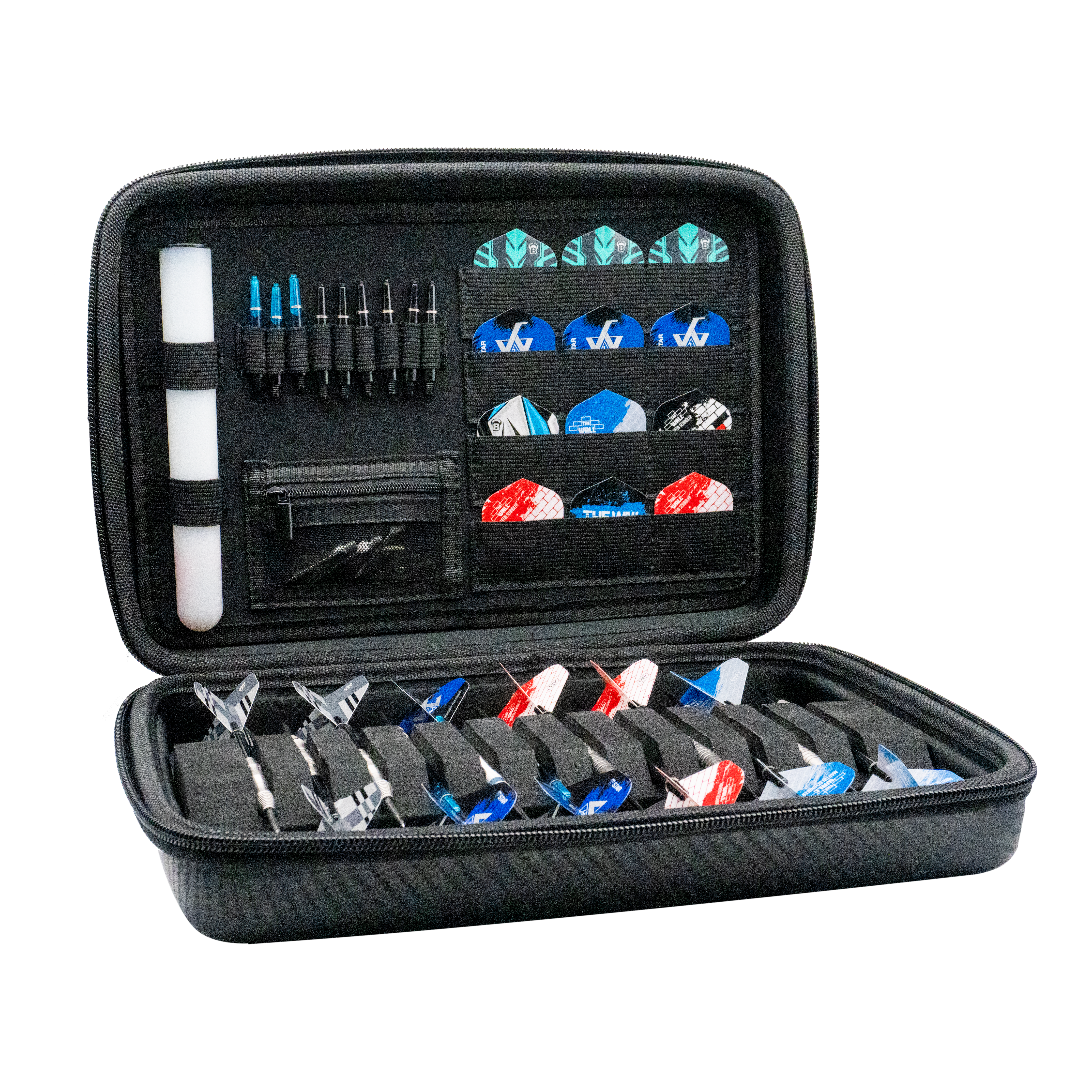 Pouzdro na šipky Bulls Orbis XXL - karbonově šedé Das Bild zeigt das Bulls Orbis XXL Dartcase in Carbongrey, geöffnet mit verschiedenen Darts und Zubehör ordentlich einsortiert. Das Etui bietet viel Platz für Darts, Flights und weiteres Zubehör.