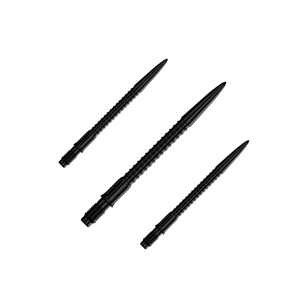 Špičky na šipky Mission R2.5 Rapid Point GV1 - černé Ein Set schwarzer Dartspitzen ist abgebildet. Die Spitzen sind für Darts und 30 mm lang.
