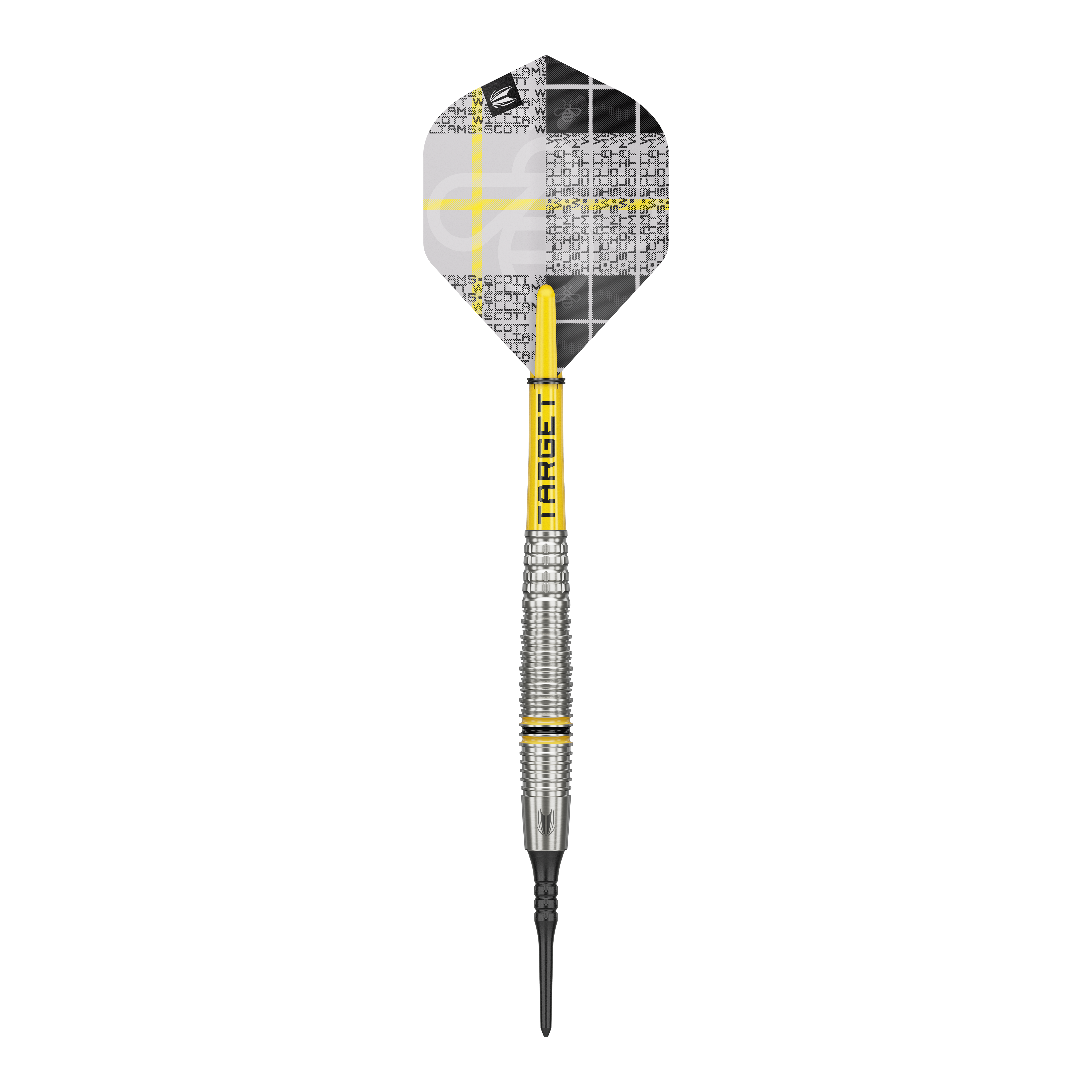 Das Bild zeigt einen Target Scott Williams GEN2 Softdart mit einem Gewicht von 18g. Der Dart hat gelbe Akzente und ein modernes, silberfarbenes Barrel-Design.