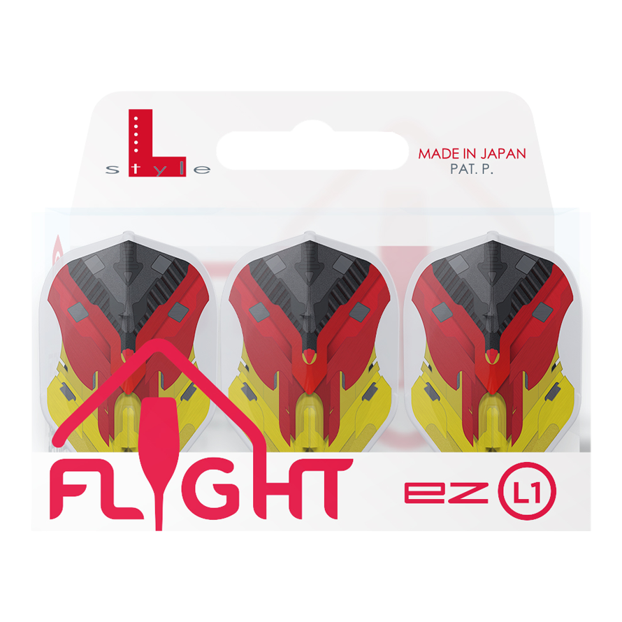 L-Style V-Series V1 Typ D Německo Clear White L1EZ Letky Das Bild zeigt drei Dartflights der Marke L-Style in einer Verpackung. Die Flights sind in den Farben Schwarz, Rot und Gelb gestaltet und tragen die Aufschrift "Flight EZ L1".
