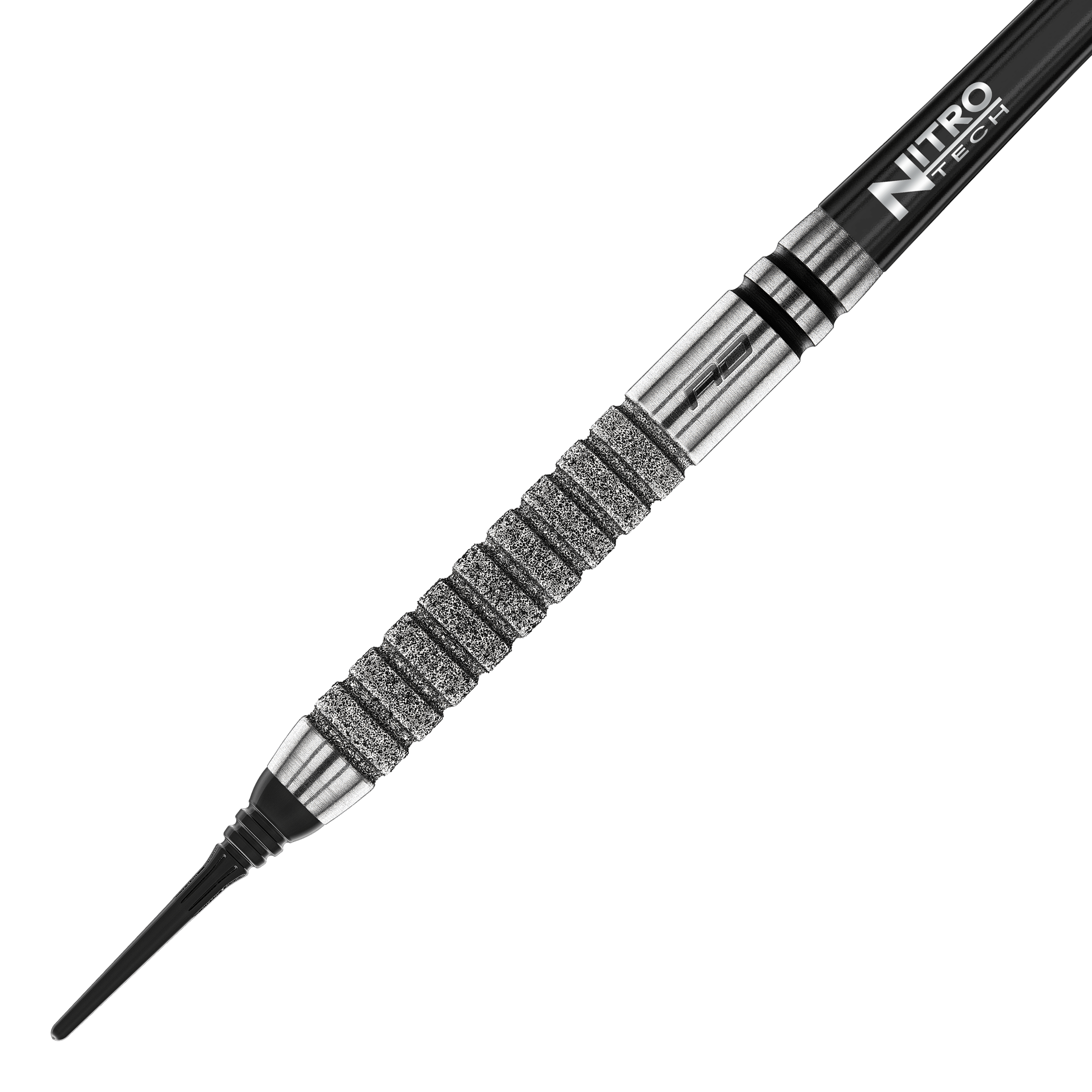 Das Bild zeigt einen Red Dragon Gian Van Veen Tour Edition Softdart mit einem Gewicht von 20g. Der Dartpfeil hat eine silberne, stark gerillte Griffzone und einen schwarzen Schaft mit der Aufschrift "Nitro Tech".