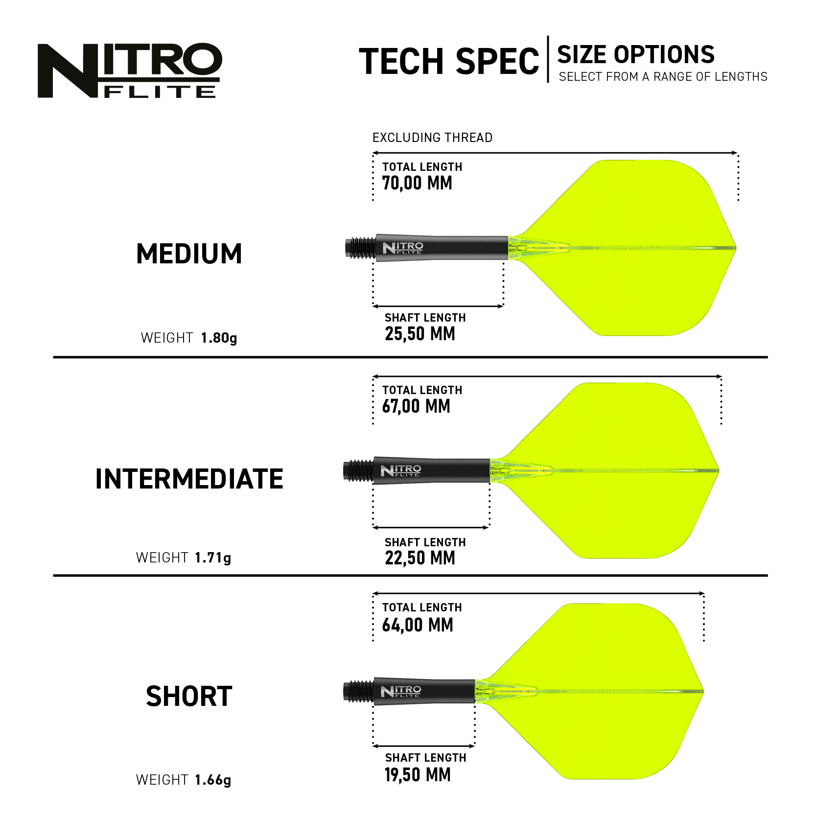 Das Bild zeigt die technischen Spezifikationen des Produkts „Red Dragon Nitroflite - Black Shaft Yellow No2 Flights“ in drei verschiedenen Längen: Medium, Intermediate und Short. Die Abmessungen und das Gewicht jeder Variante sind deutlich dargestellt.