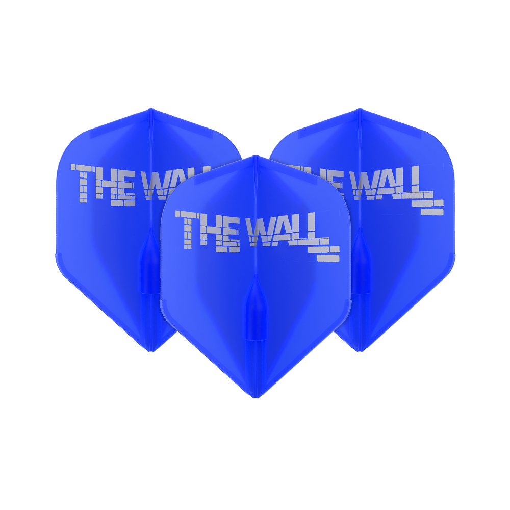 Das Bild zeigt drei blaue Dart-Flights mit der Aufschrift "THE WALL". Die Flights sind Teil des Produkts "L-Style Martin Schindler Blau L1EZ Flights".