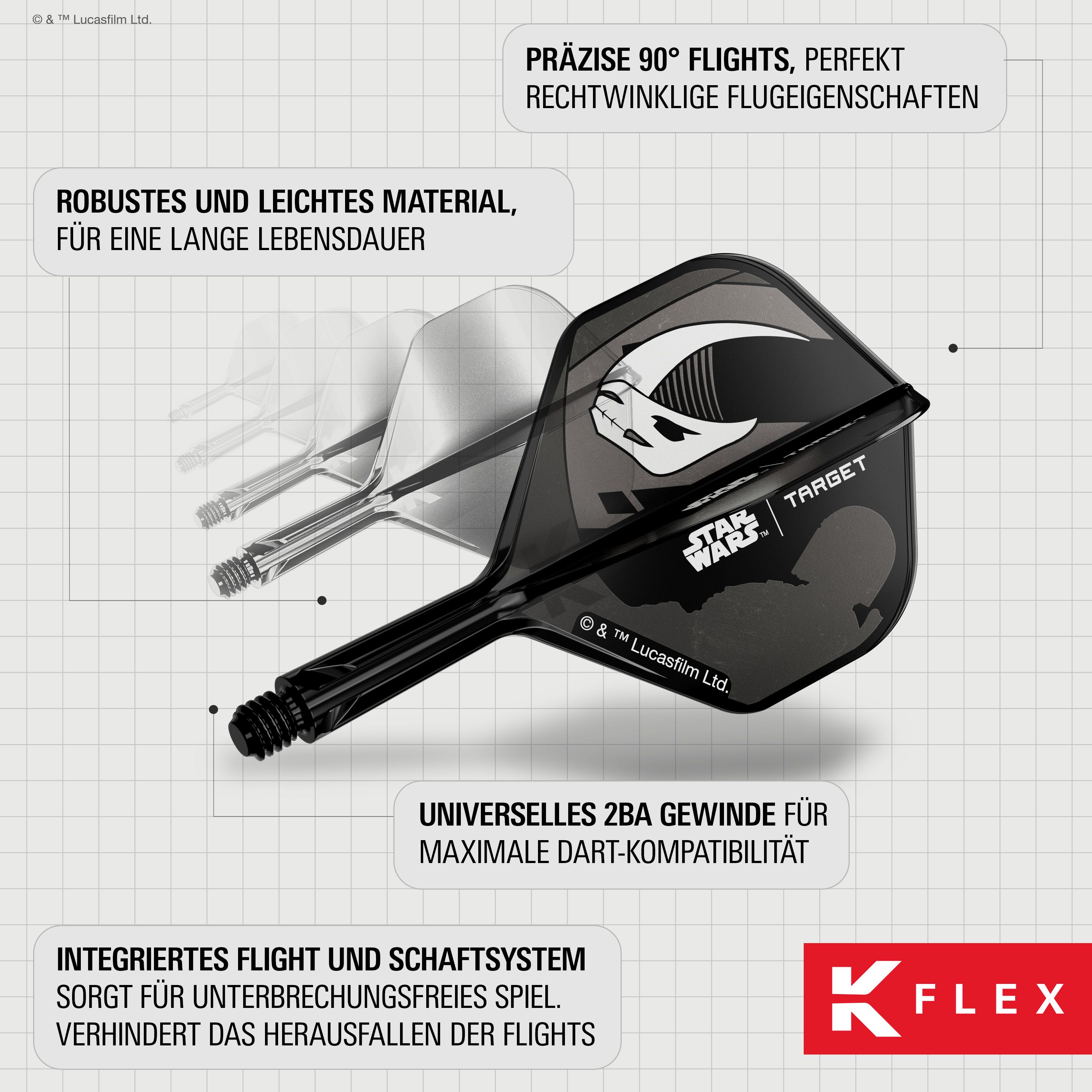 Target Star Wars K-Flex Set Mandalorian No6 Flights Abgebildet ist das Target Star Wars K-Flex-Set Mandalorian No2 Standard Flights. Die Flights sind im Mandalorian-Stil gestaltet und eignen sich für Star Wars Fans.