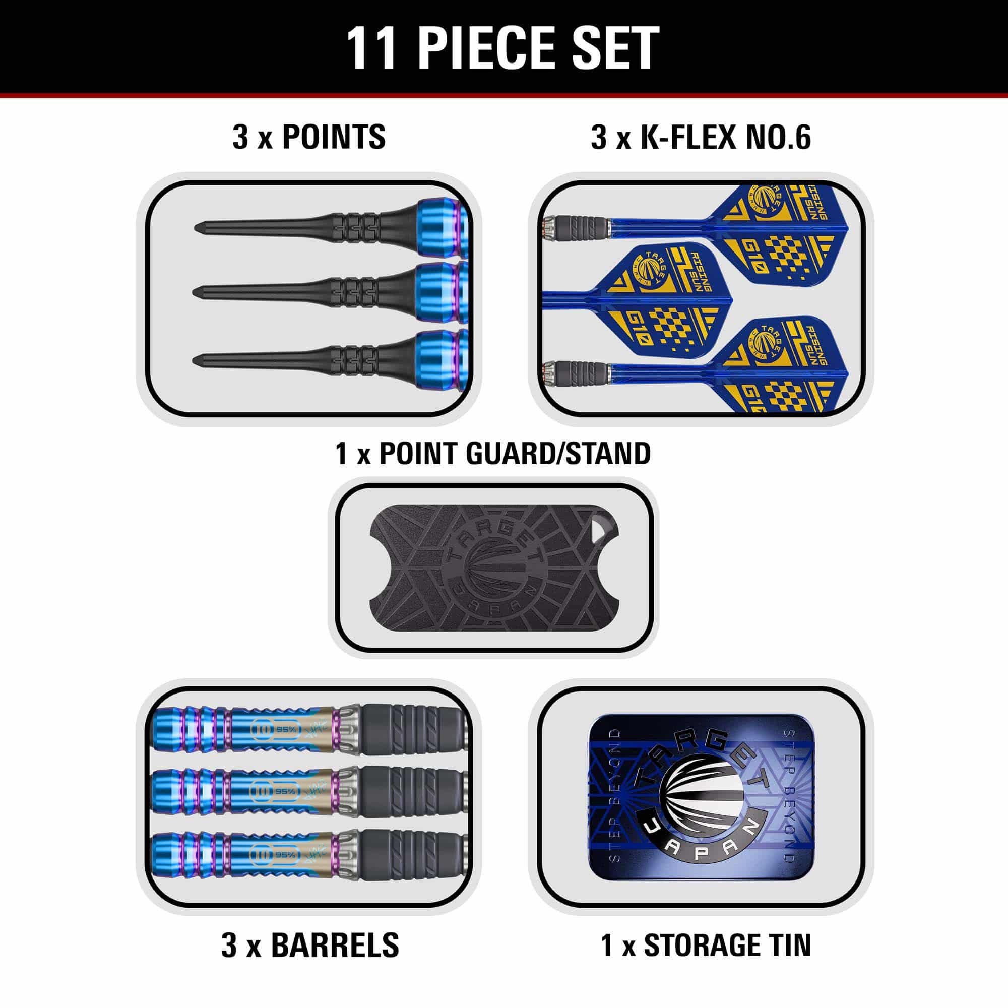 Měkké šipky Target Japan Rising Sun GEN10 - 21,5 g Das Produkt Target Japan Rising Sun GEN10 Softdarts - 21,5g wird dargestellt. Es handelt sich um ein Set professioneller Softdarts.