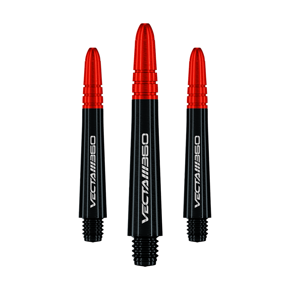 Násadky Winmau Vecta Blade 360 - černé Zu sehen ist ein Satz Winmau Vecta Blade360 Shafts in Schwarz mit 40 mm Länge. Die Shafts sind nebeneinander aufgestellt.