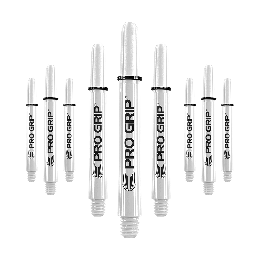 Target Pro Grip Shafts – 3 sady – White Das Bild zeigt mehrere weiße Dartschäfte mit der Aufschrift "PRO GRIP". Sie sind in drei Reihen angeordnet und haben schwarze Ringe an der Oberseite.