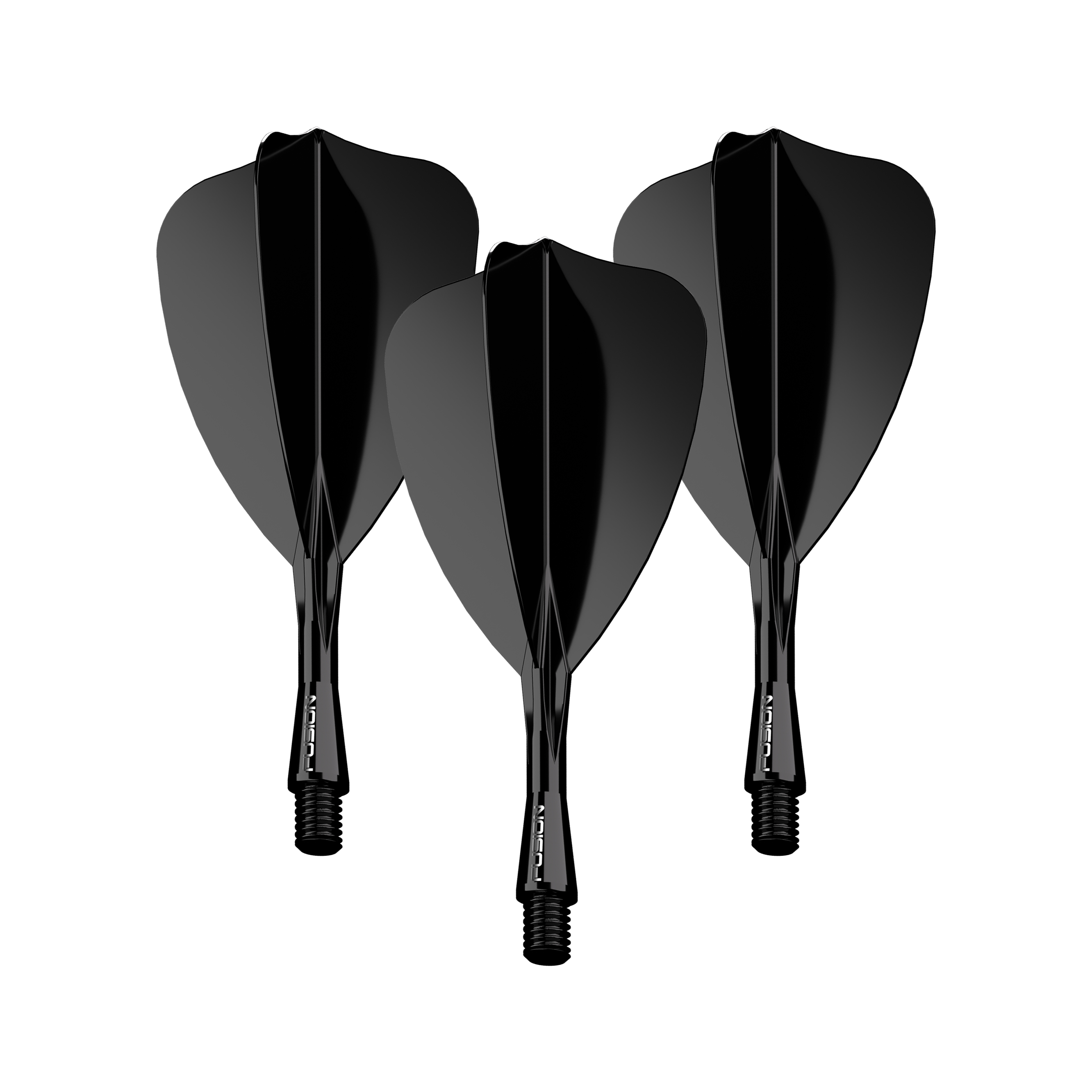 Winmau Fusion Flight-Shaft-System Arrow Schwarz Auf dem Bild sind drei schwarze Dartflights mit Schaft zu sehen. Sie sind gleichmäßig angeordnet und sehen modern und hochwertig aus.