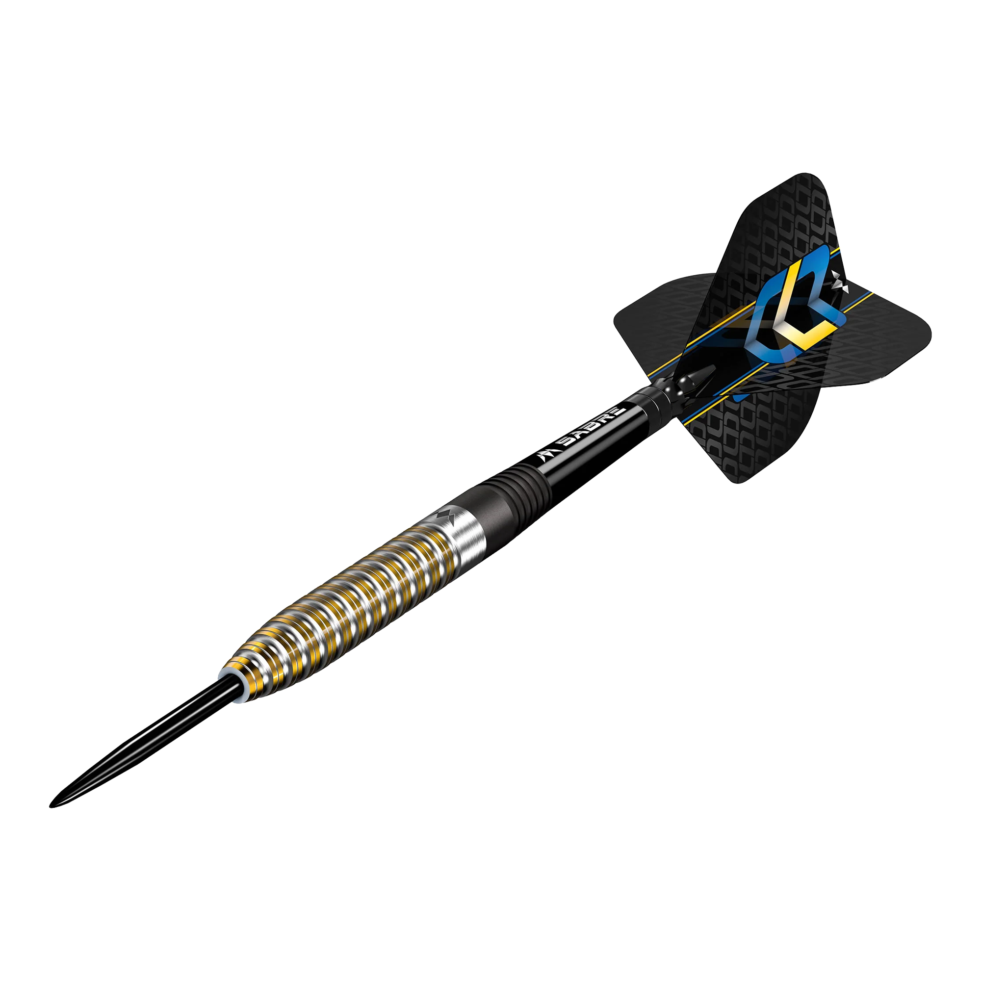 Mission Oskar Lukasiak černé zlato PVD ocelové šipky - 22g Das Bild zeigt einen Steeldart, der "Mission Oskar Lukasiak Black Gold PVD Steeldarts - 22g" heißt. Der Dart hat ein schwarz-goldenes Design mit modernen Rillen und einem schwarzen Flight.