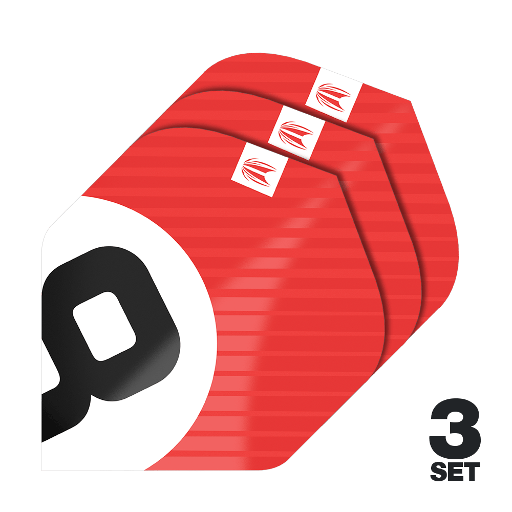 Target Pro Ultra Chicane Red No2 Standard Flights - 3 sady Das Bild zeigt drei Sätze der Target Pro Ultra Chicane Red No2 Standard Flights. Die Flights sind überwiegend rot mit einem weißen und schwarzen Design und werden als 3er-Set angeboten.