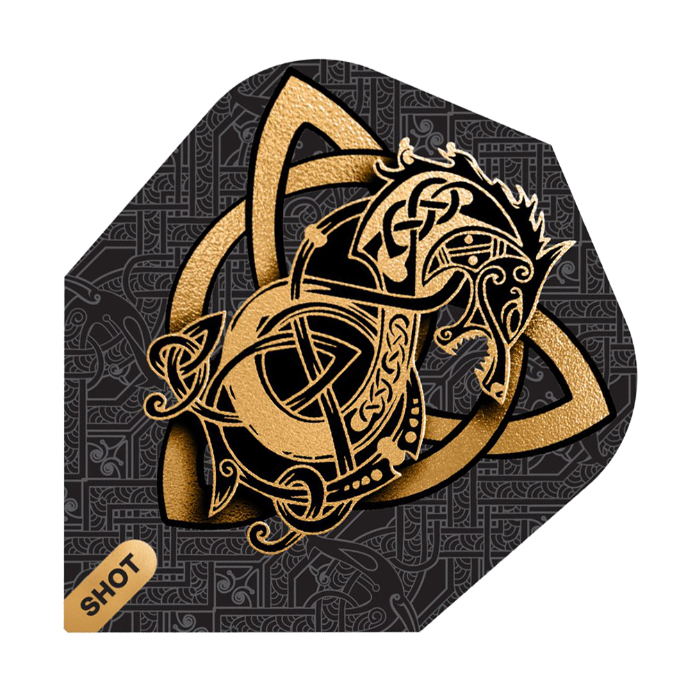 Letky Shot Viking Wolf č. 6 Das Bild zeigt das Produkt "Shot Viking Wolf No6 Flights" mit einem goldenen Wikinger-Wolf Design auf schwarzem Hintergrund. Im Hintergrund sind feine, keltische Muster zu sehen und unten links steht das Wort "SHOT".