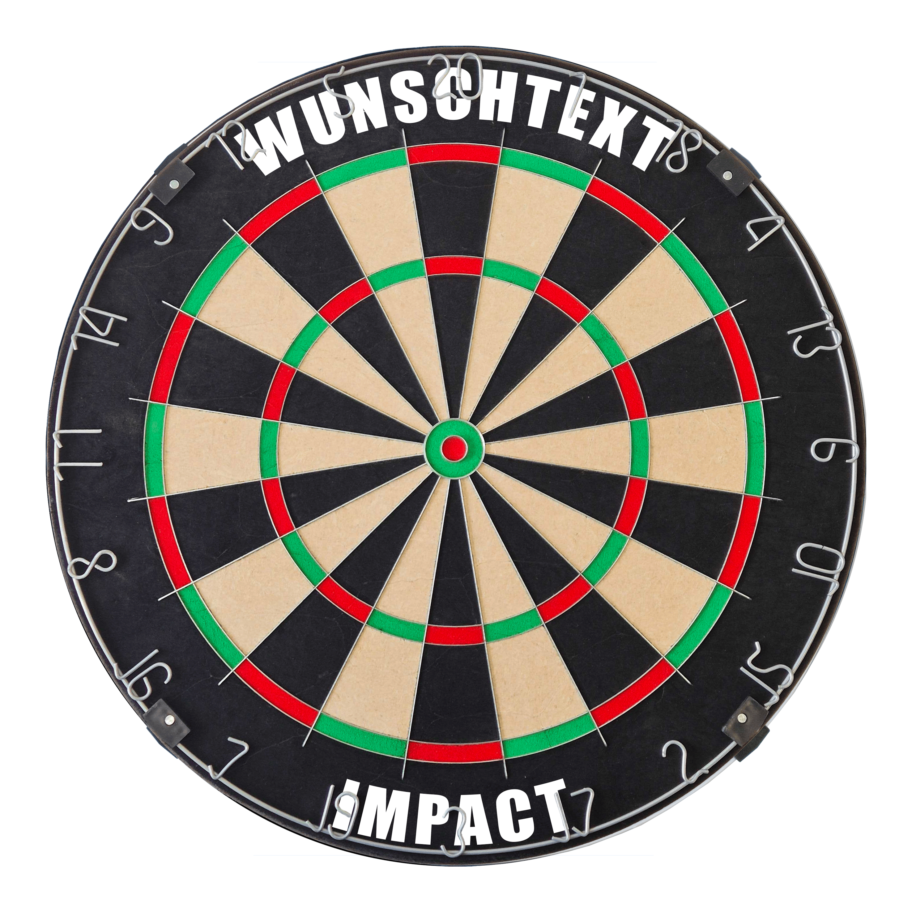 Dartboard mit Wunschtext Dieses Bild zeigt ein Produkt mit dem Dateinamen MCDB_Dartboard_mit_Wunschtext_TraditionellerRingSilber_1_Impact_. Das Produktbild ist nicht näher beschrieben.