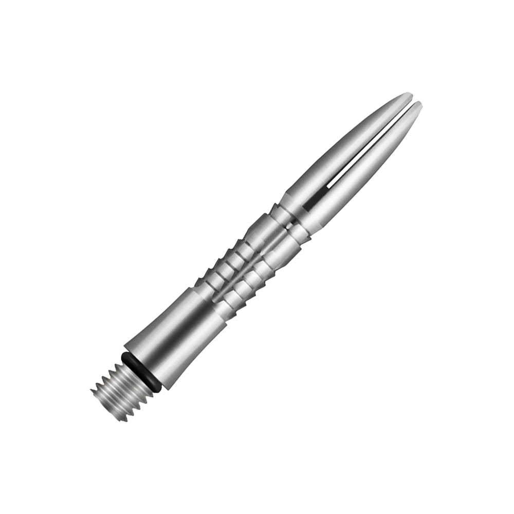 Titanové hřídele Shot Mako Das Bild zeigt eine silberne, metallische Dartspitze mit feinen Rillen und glatter Oberfläche. Sie besteht aus Titan und hat ein modernes, schlankes Design.