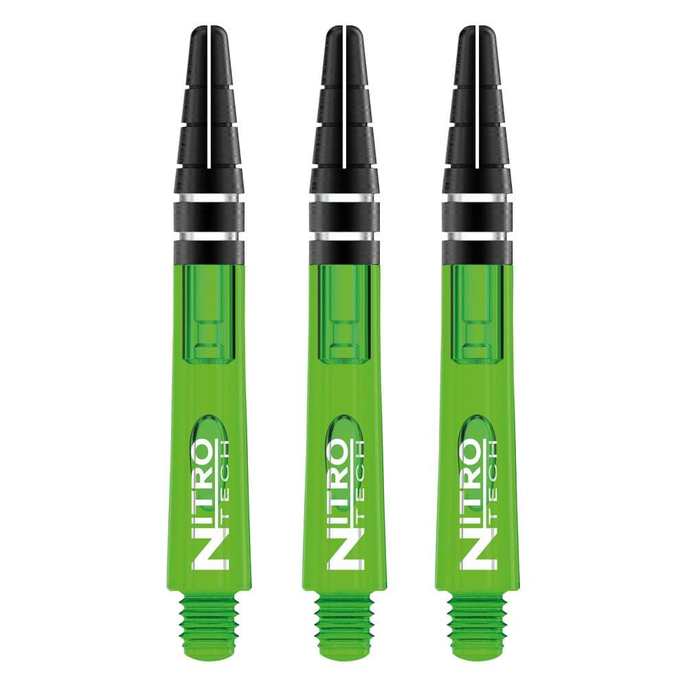 C445_Nitrotech_Short_Green_V Das Bild zeigt drei grüne RedDragon Nitrotech Shafts für Dartpfeile. Die Shafts haben ein modernes Design mit schwarzer Spitze und weißer Aufschrift.