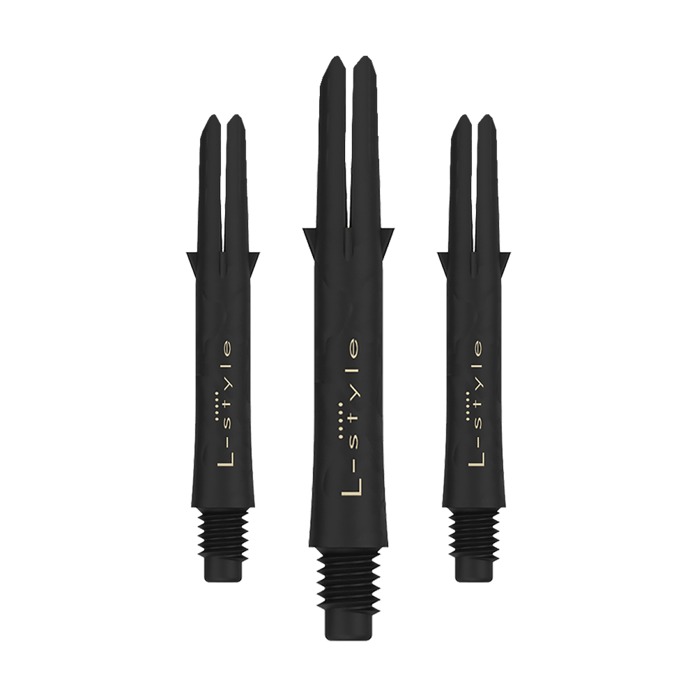 Karbonové šachty ve stylu L Das Bild zeigt drei schwarze L-Style Carbon Shafts für Darts ohne Kappen. Auf den Schäften steht in goldener Schrift das Wort "L-style".