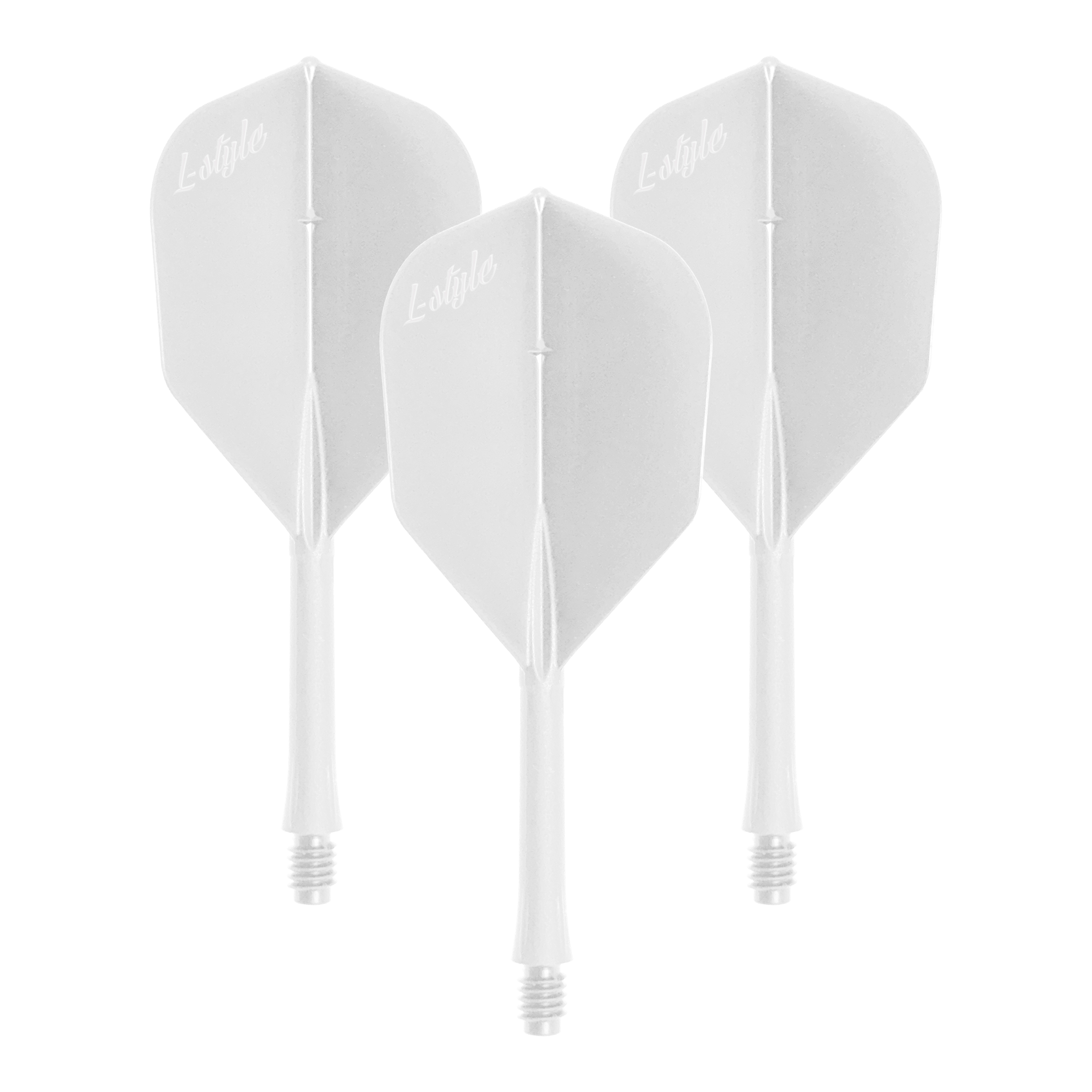 Das Bild zeigt ein Set von weißen Dart-Flights. Die Datei heißt LSF-901_L-Style_BarFlight_Wei_1Set.