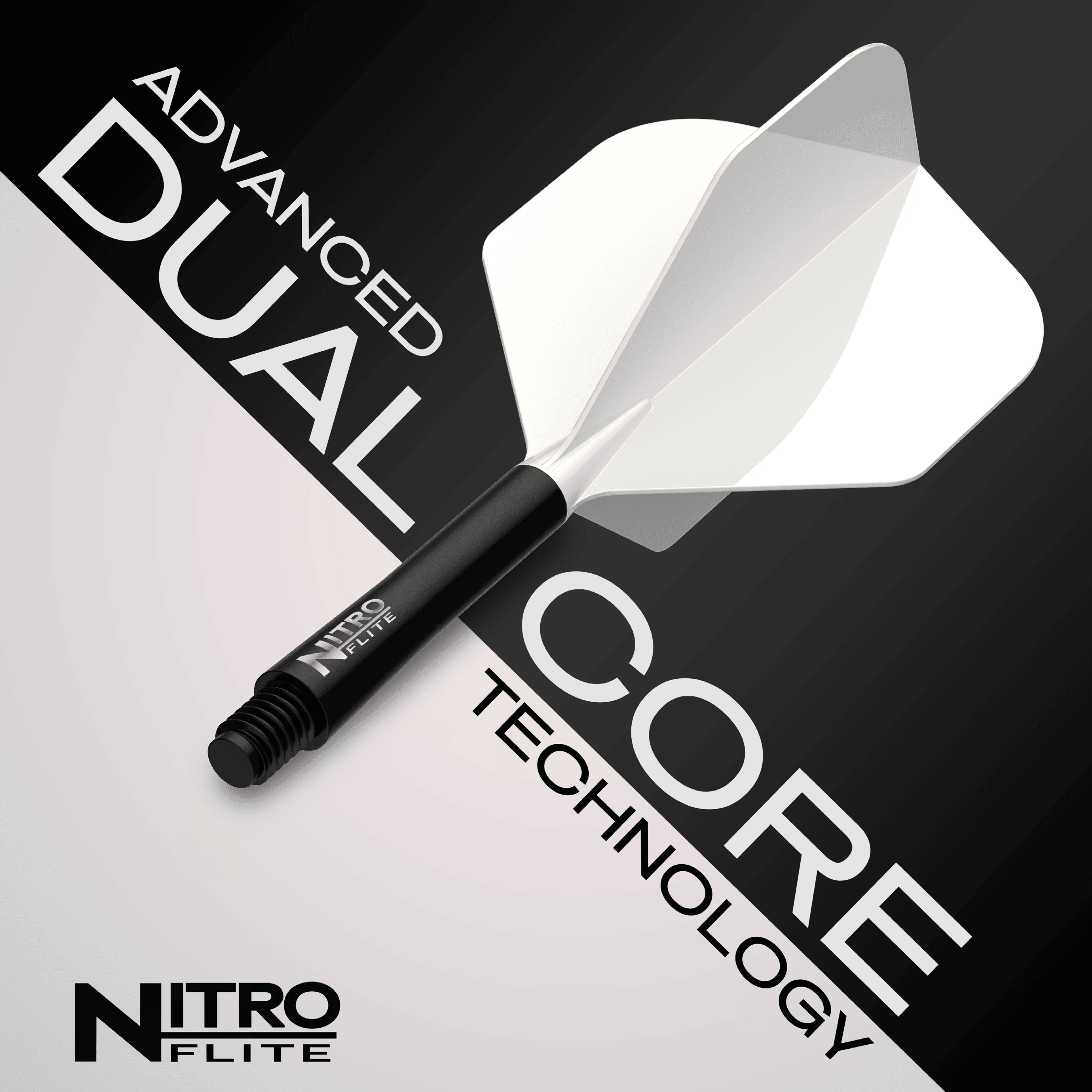 Das Foto zeigt Red Dragon Nitroflite Black Shaft White Flights No2. Es ist ein Dart-Schaft in Schwarz und weiße Flights abgebildet.