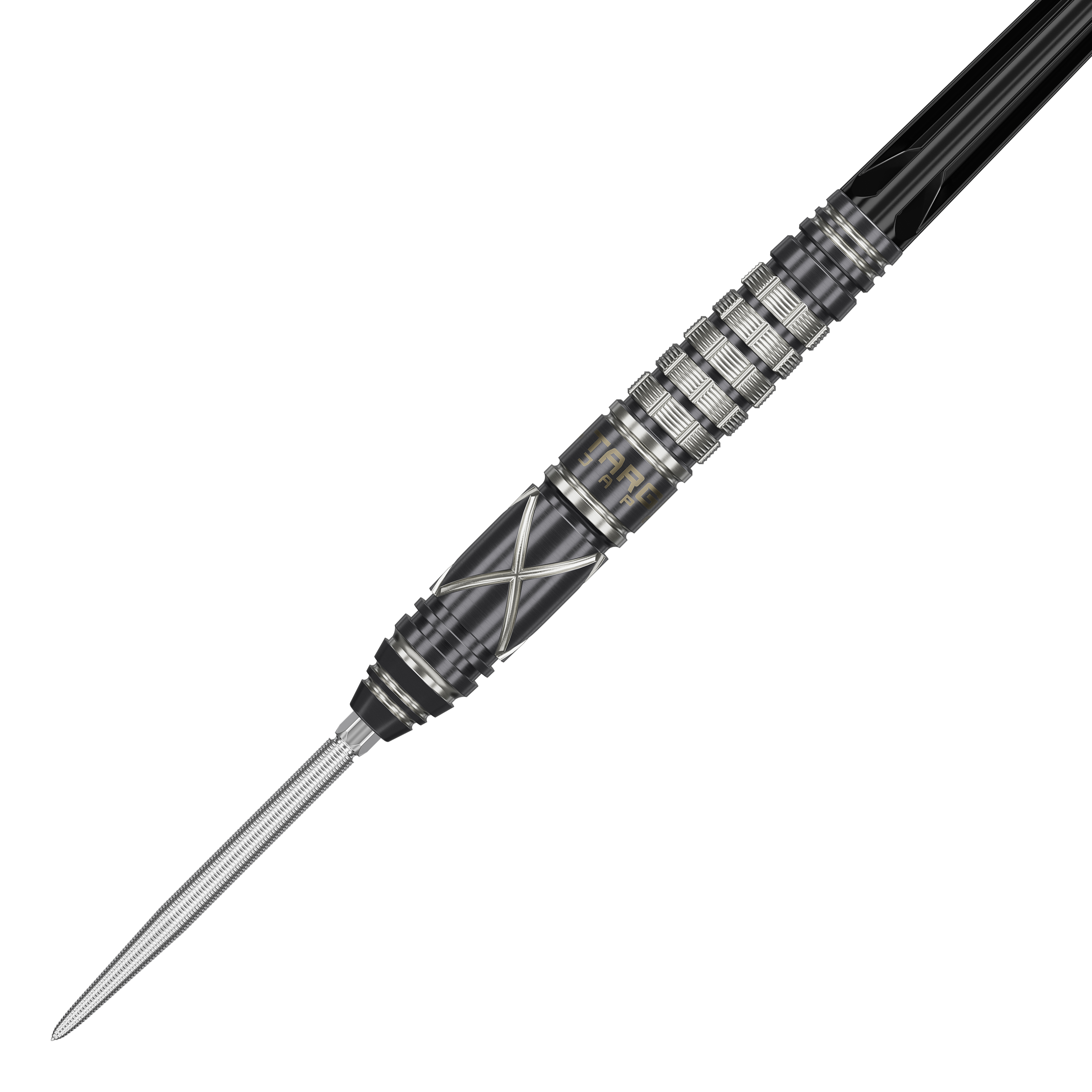 Das Bild zeigt den Target Japan Black Marque Chaos 2 SP Steeldart. Der Dart hat ein elegantes, schwarzes Design mit silbernen Akzenten und feinen Rillen für besseren Halt.