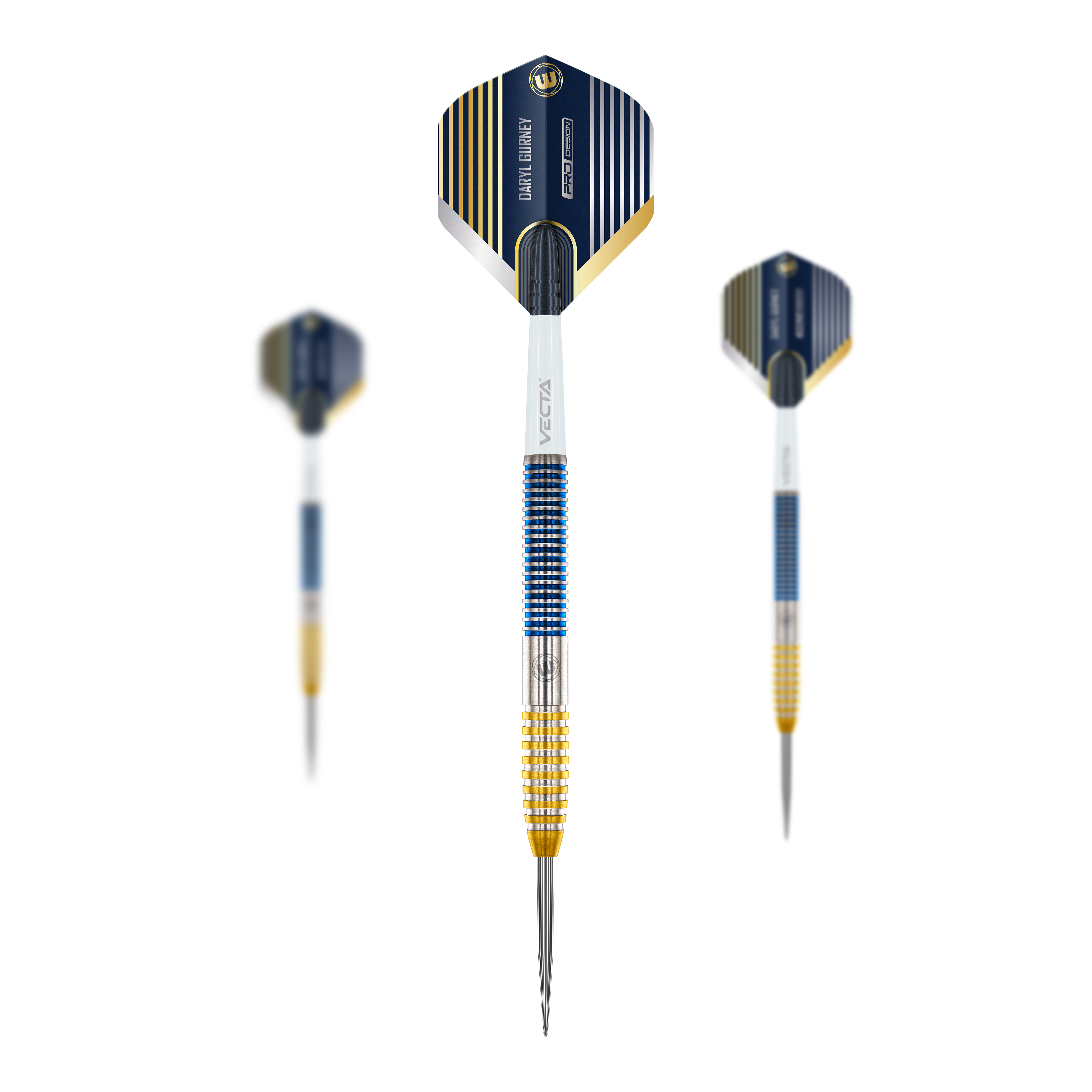 Steeldarts Winmau Daryl Gurney SC 1.0 Series - 23g Das Bild zeigt die Winmau Daryl Gurney SC 1.0 Series Steeldarts mit einem Gewicht von 23g. Die Darts haben ein modernes Design mit blauen, goldenen und silbernen Akzenten.