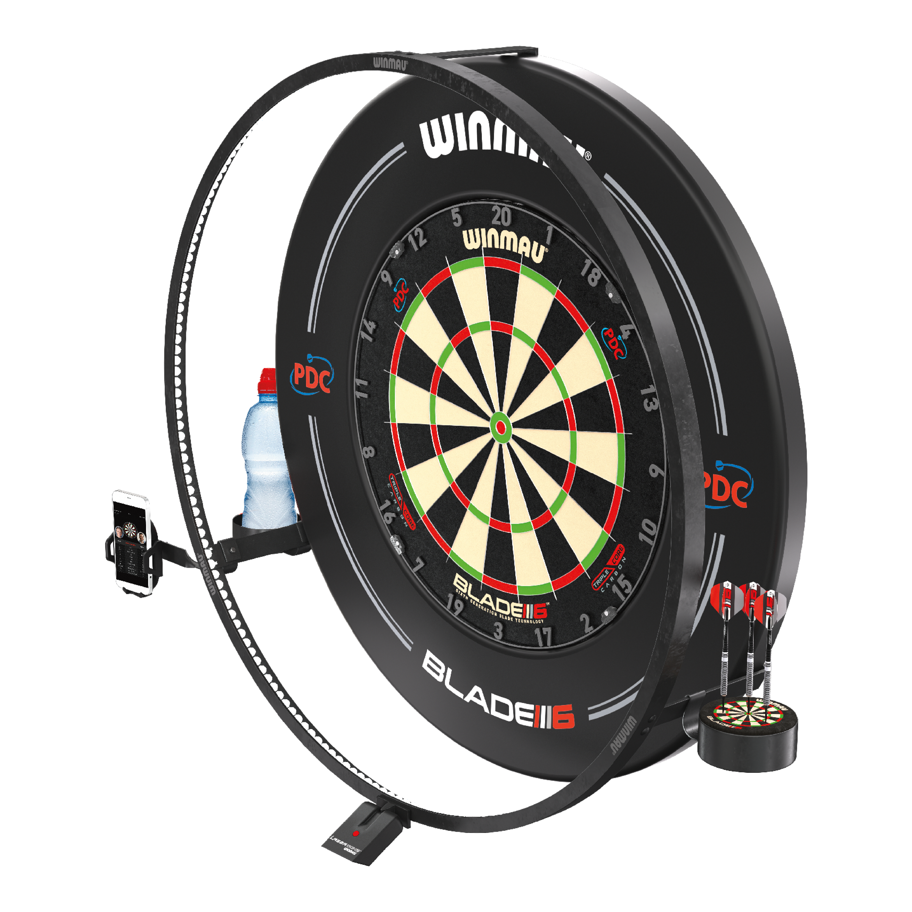 Sada příslušenství Winmau Plasma Das Bild zeigt das Winmau Plasma Zubehör Set rund um eine Dartscheibe. Es enthält eine LED-Beleuchtung, Halterungen für ein Handy, eine Trinkflasche und Dartpfeile.