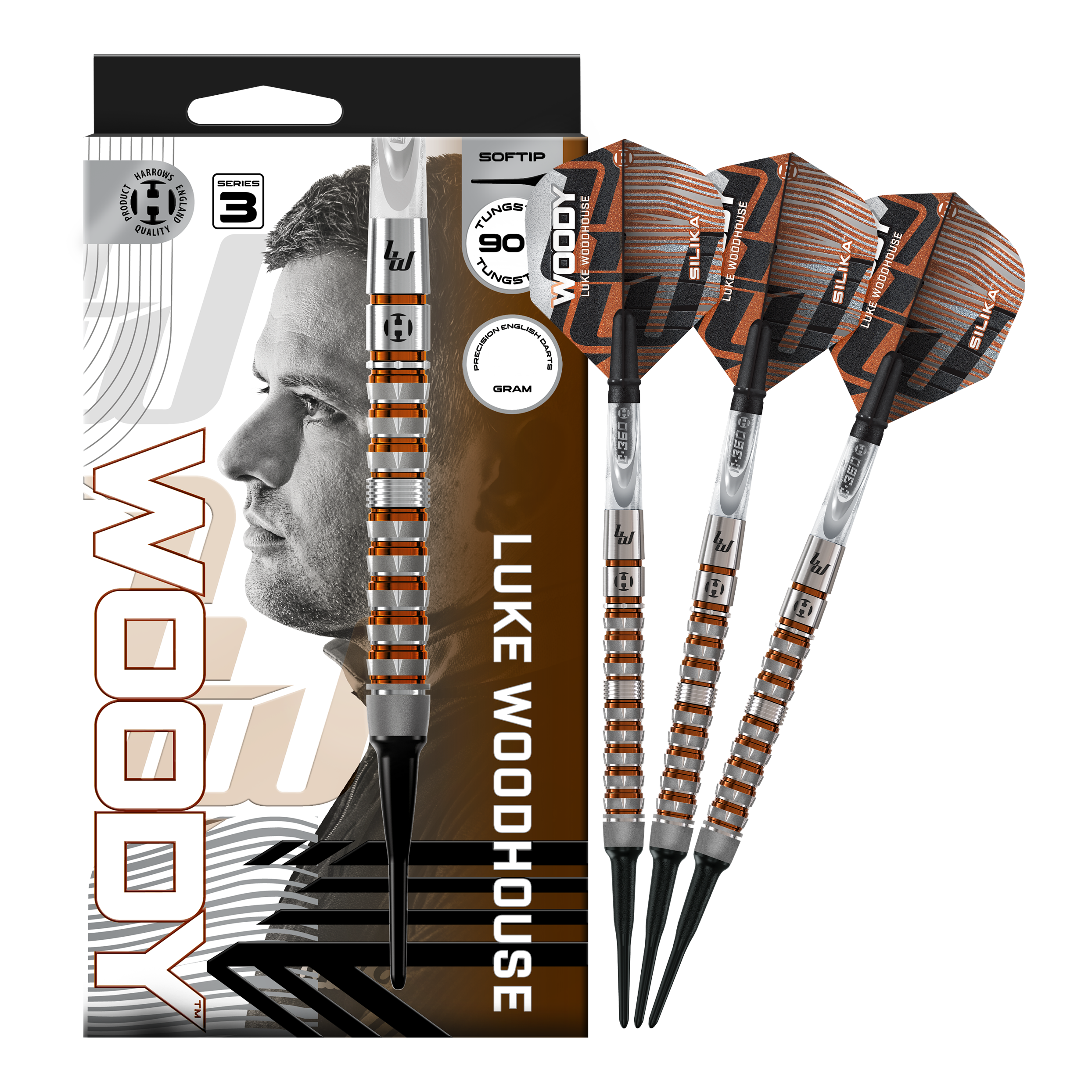 Abbildung der Harrows Luke Woodhouse Series 3 Softdarts - 18g. Die Darts werden vollständig dargestellt.