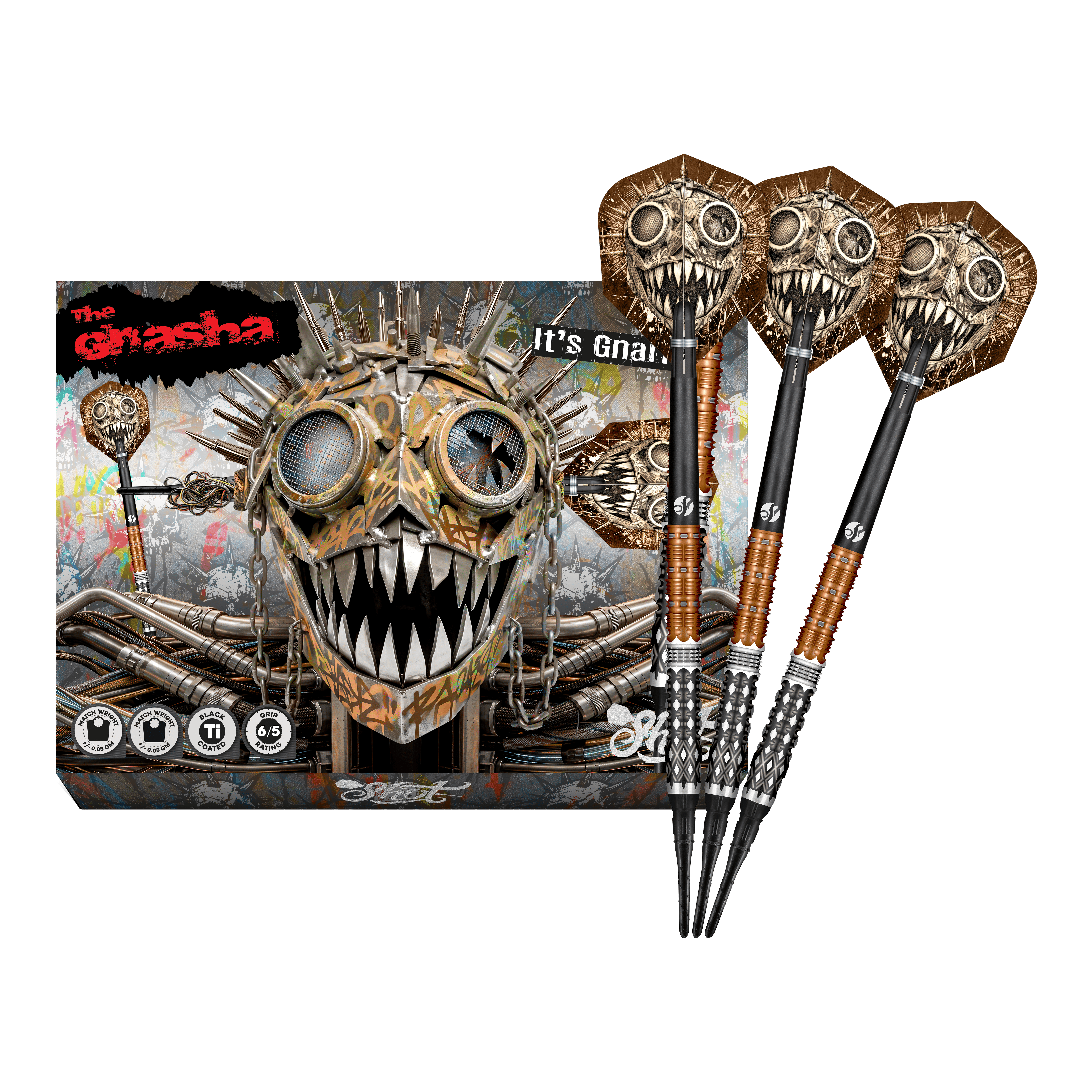 Měkké šipky Shot Gnarly Gnasha - 20g Das Foto zeigt die vollständigen Shot Gnarly Gnasha Softdarts - 20g. Diese Softdarts zeichnen sich durch ein modernes Design aus.