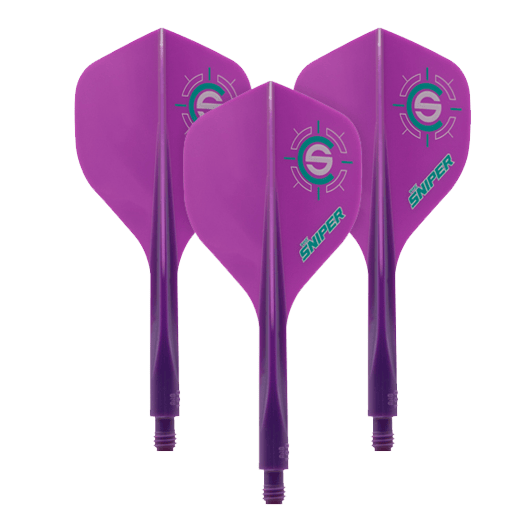 Systém letu pušky Condor Ax 120 Connor Scutt Sniper Purple - standardní Das Bild zeigt drei lila Dartflights mit dem Aufdruck "Sniper" und einem Zielsymbol. Es handelt sich um das Produkt "Condor Axe 120 Connor Scutt Sniper Purple Flight-System - Standard".