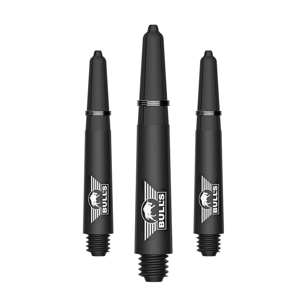 Karbonové šachty Bulls NL Capo - černé Ein Bild mit dem Dateinamen BU55340_BullsNL_Capo_Carbon_Shafts_Schwarz_Short_34mm_1Set. Es handelt sich vermutlich um ein Set aus kurzen schwarzen Carbon-Shafts für Darts.