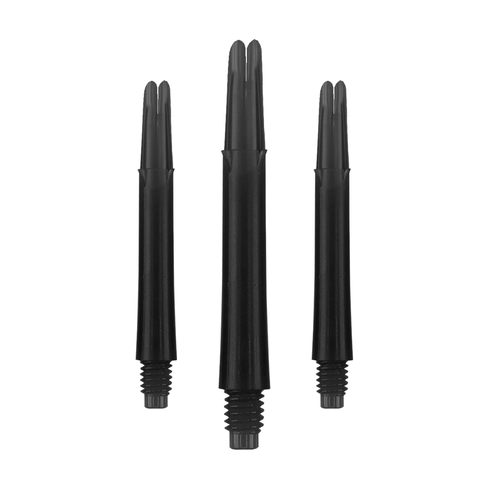 Auf dem Bild sind drei schwarze, gerade Dartshafts ohne Kappen zu sehen. Sie haben ein Gewinde am unteren Ende und sind jeweils 39 mm lang.