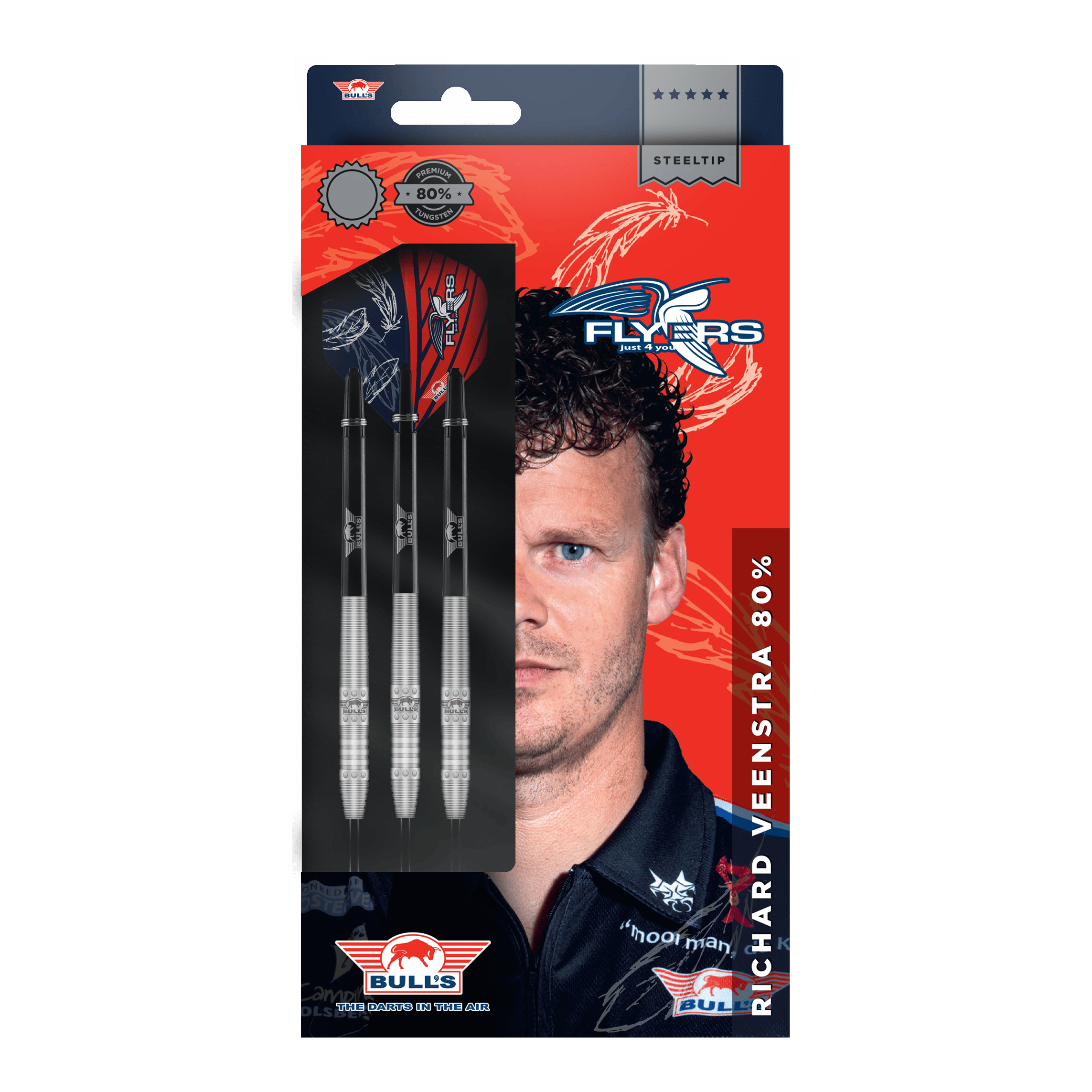 Bulls NL Richard Veenstra 80 ocelové šipky - 23g Die Verpackung zeigt die "Bulls NL Richard Veenstra 80 Steeldarts - 23g". Auf der Vorderseite sind drei Darts und das Porträt eines Mannes abgebildet.