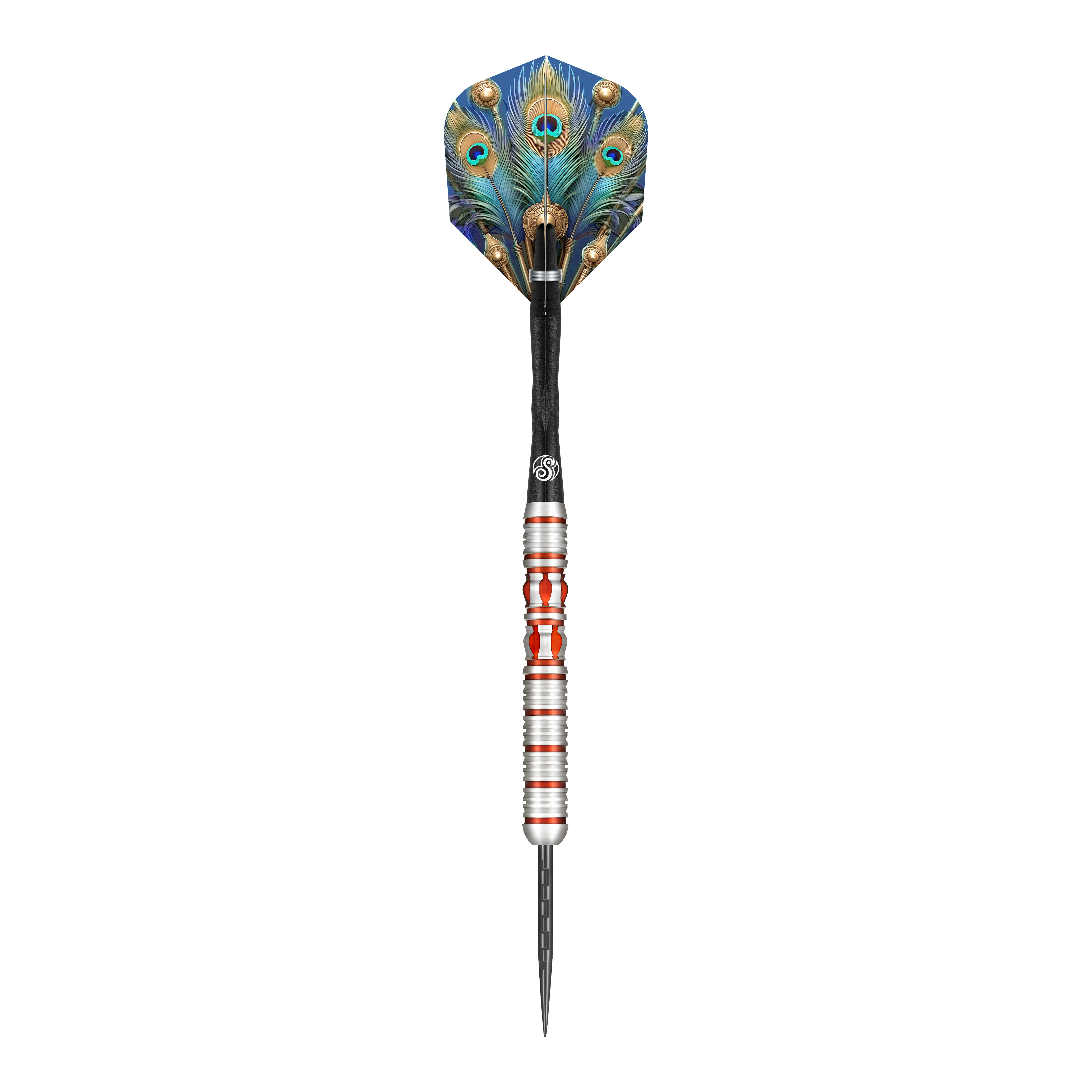 Das Bild zeigt den Shot Roman Empire Juno Steeldart. Der Dart hat eine auffällige Flight mit Pfauenfeder-Design und einen silber-roten, strukturierten Schaft.