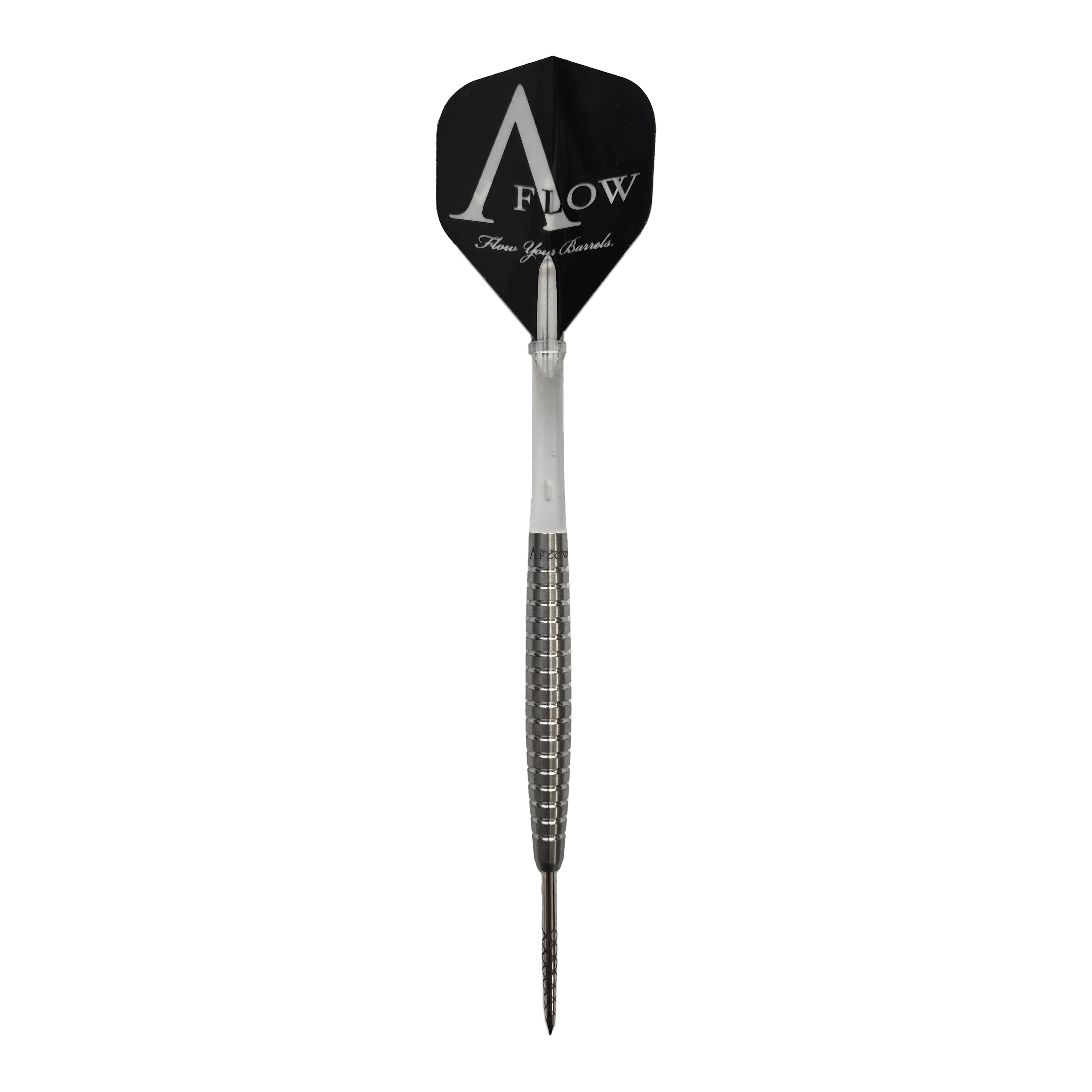 Dynasty Fallon Sherrock 4 AFlow Plain Steeldarts - Mit Autogramm - 23g Das Bild zeigt einen Dynastie Fallon Sherrock 4 AFlow Plain Steeldart mit einer Unterschrift. Der Dartpfeil hat ein silbernes, geriffeltes Barrel und ein schwarzes Flight mit der Aufschrift "A Flow".