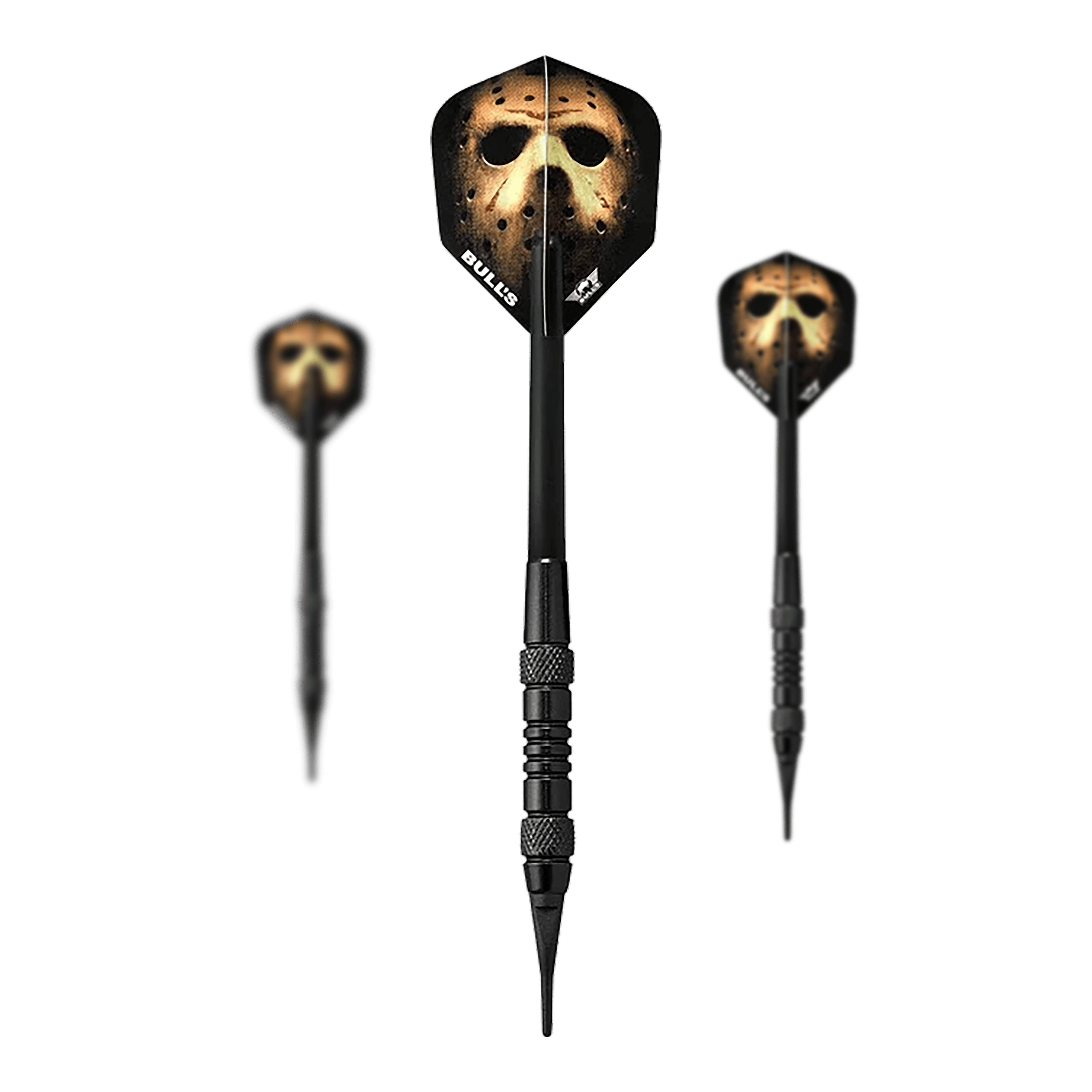 Hier sieht man das Set Bulls NL Thriller Black Brass Softdarts - 18g. Das Set umfasst mehrere Softdarts in schwarzer Optik.