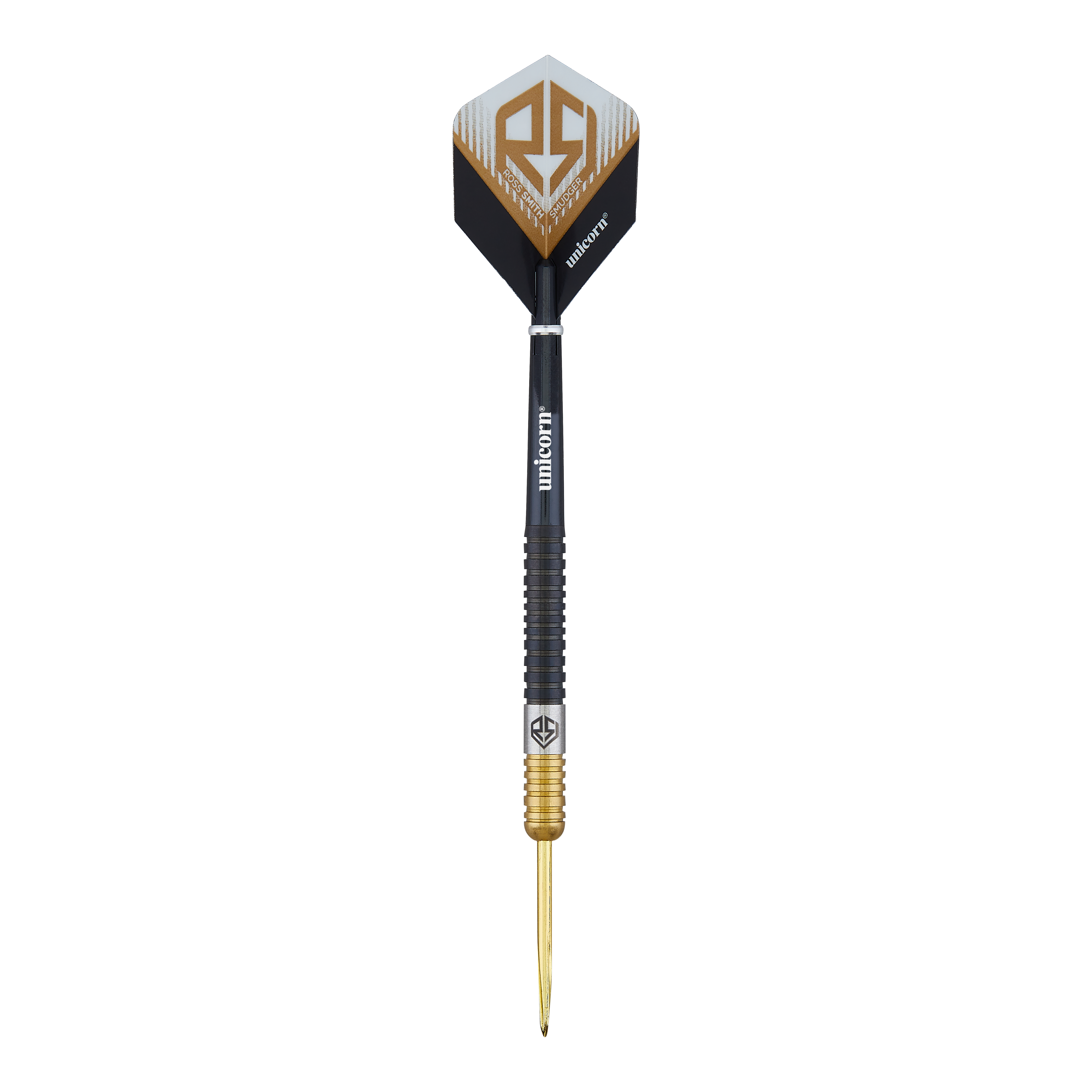 Šipky Unicorn Ross Smith dvoubarevné ocelové Das Bild zeigt einen Steeldart namens "Unicorn Ross Smith Two-Tone". Der Dartpfeil hat ein schwarz-goldenes Design und das Unicorn-Logo auf den Flights.