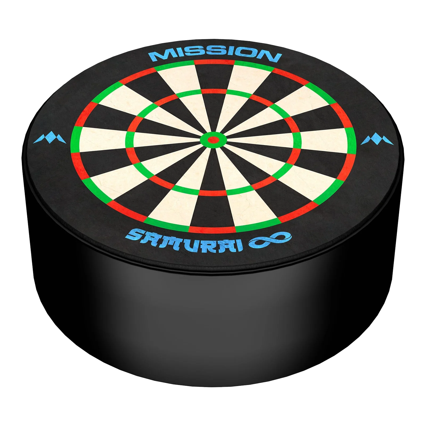 Das Bild zeigt eine kleine runde Dartscheibe mit dem Namen "Mission Samurai Infinity Mini Dartboard Darthalter". Die Scheibe ist schwarz umrandet und hat bunte Markierungen sowie blaue Schriftzüge.