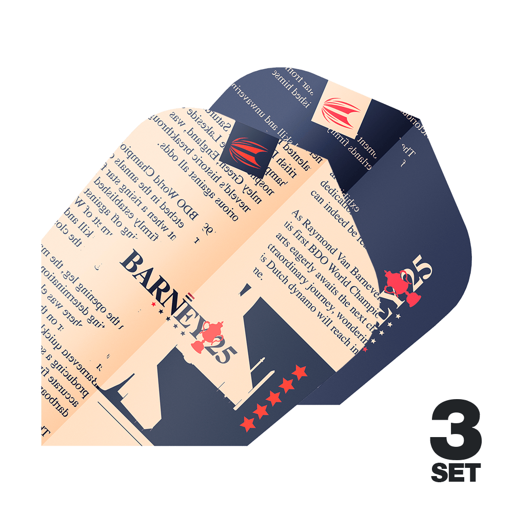 Cíl ProUltra Raymond Van Barneveld Barney25 Ten-X Flights Das Bild zeigt drei Dart-Flights mit dem Aufdruck "BARNEY25" und einem speziellen Design. Unten rechts steht "3 Set" als Hinweis auf die Anzahl der Sets.