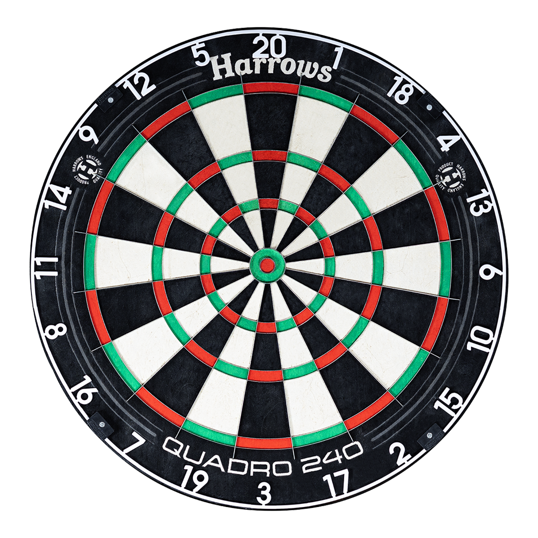 Ocelový terč Harrows Quadro 240 Harrows Quadro 240 Steeldartboard ist auf dem Bild zu sehen. Die Segmente und Zahlen sind klar abgebildet.