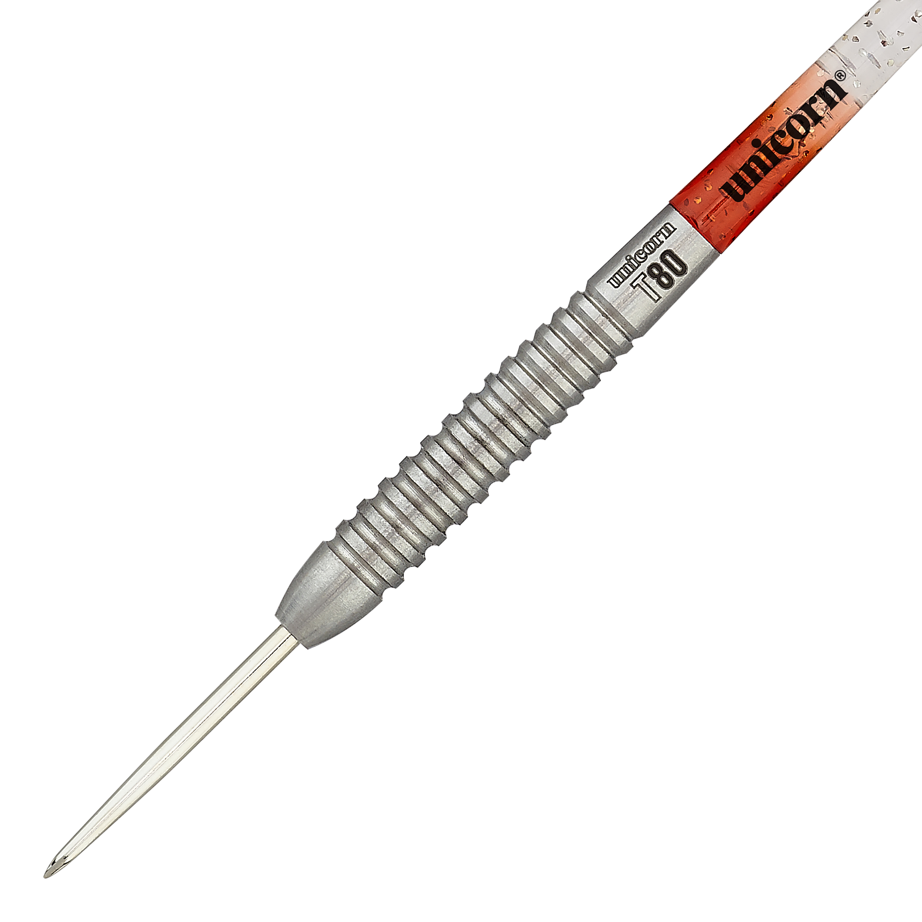Ocelové šipky Unicorn Core XL Striker Style 5 Das Bild zeigt einen Unicorn Core XL Striker Style 5 Steeldart. Der Dartpfeil hat einen silbernen, geriffelten Griff und eine spitze Metallspitze.