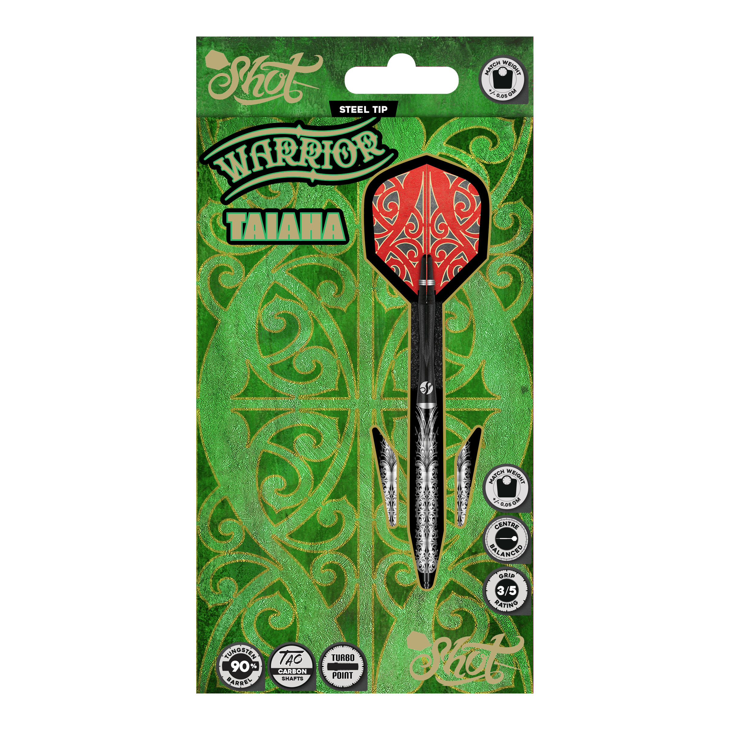 Shot Warrior Taiaha Turbo Point Steeldarts Shot Warrior Taiaha Turbo Point Steeldarts sind Dartpfeile mit kunstvollem Griffbereich. Sie liegen ordentlich nebeneinander.