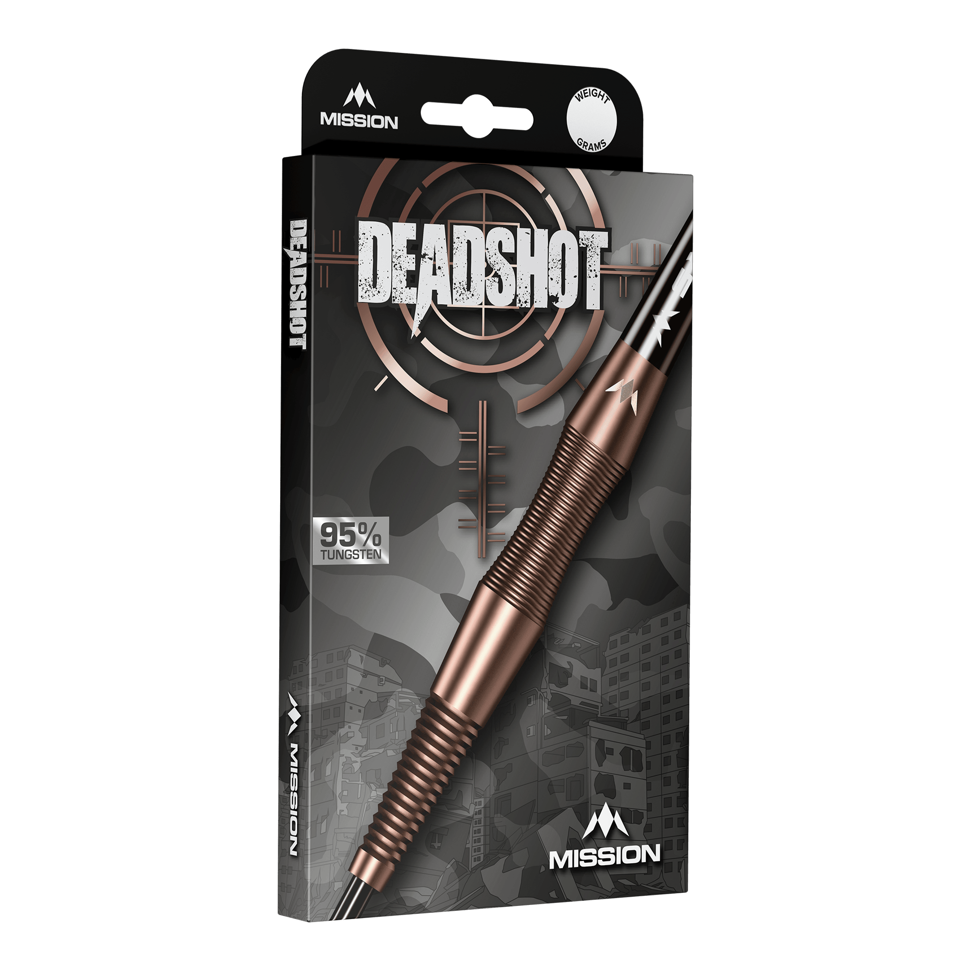 Mission Deadshot Bronze Steeldarts - 23g ist hier abgebildet. Die Darts haben ein elegantes bronzefarbenes Design.