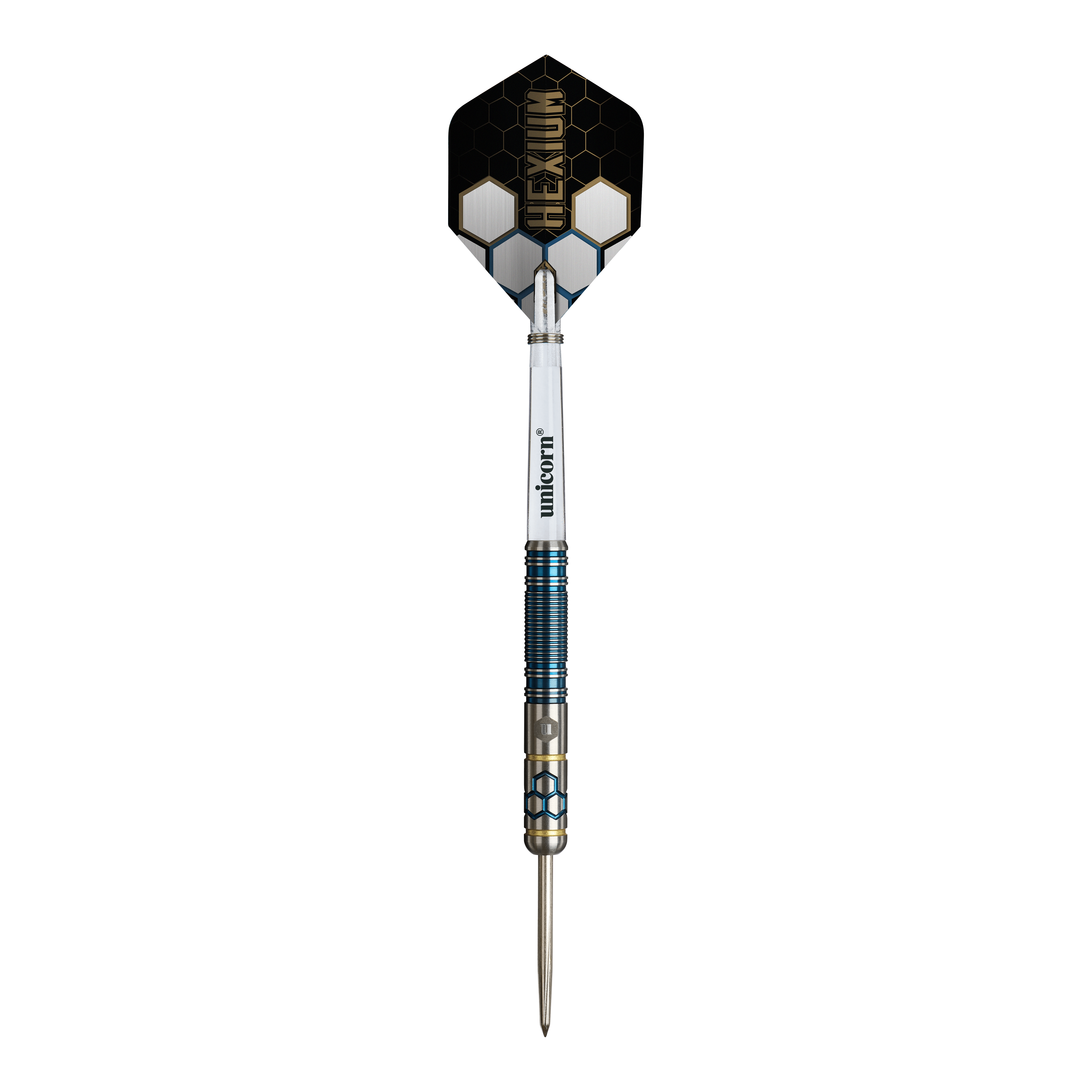 Ocelové šipky Unicorn Hexium Style 02 Modré a zlaté Abgebildet sind die Unicorn Hexium Style 02 Blue & Gold Steeldarts. Die Farbkombination aus Blau und Gold ist auffällig.