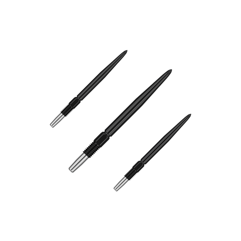 Zaměřte špičky šipek Swiss Point Black Das Bild zeigt drei schwarze Dartspitzen mit silbernem Gewinde. Sie sind in unterschiedlicher Ausrichtung auf einem einfarbigen Hintergrund angeordnet.