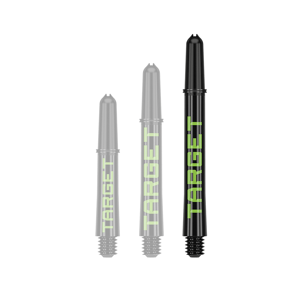 Target Pro Grip TAG Shafts - 3 sady - černo-zelené Ein Dart-Schaft mit auffällig langem Profil ist zu sehen. Die Farbgebung und Oberfläche sind gut erkennbar.